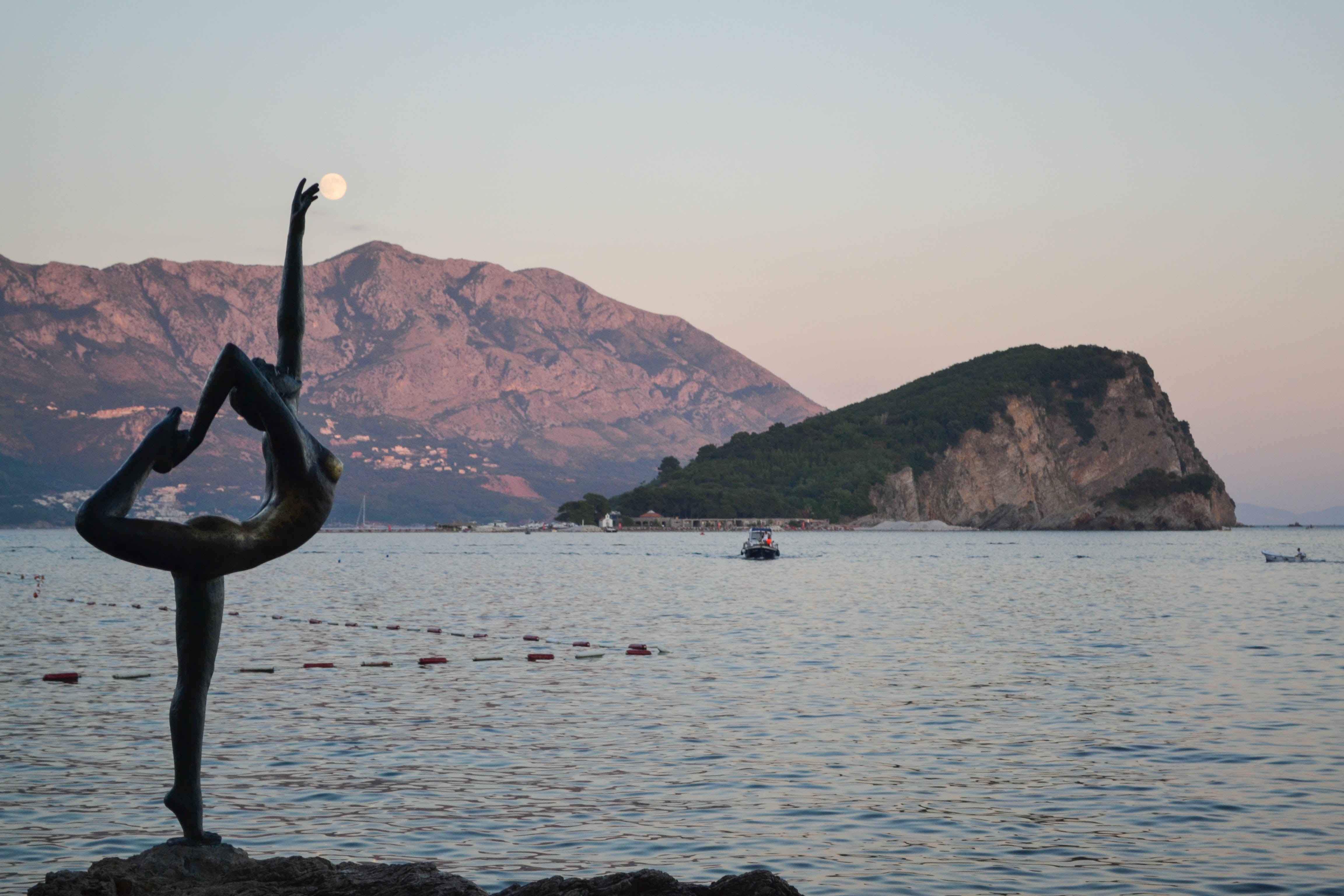 arms raised, waterfront, outdoors, beauty in nature, sky, land, budva, monument, leisure activity, tranquility, clear sky, rock - object, mountain, lifestyles, HD Wallpaper