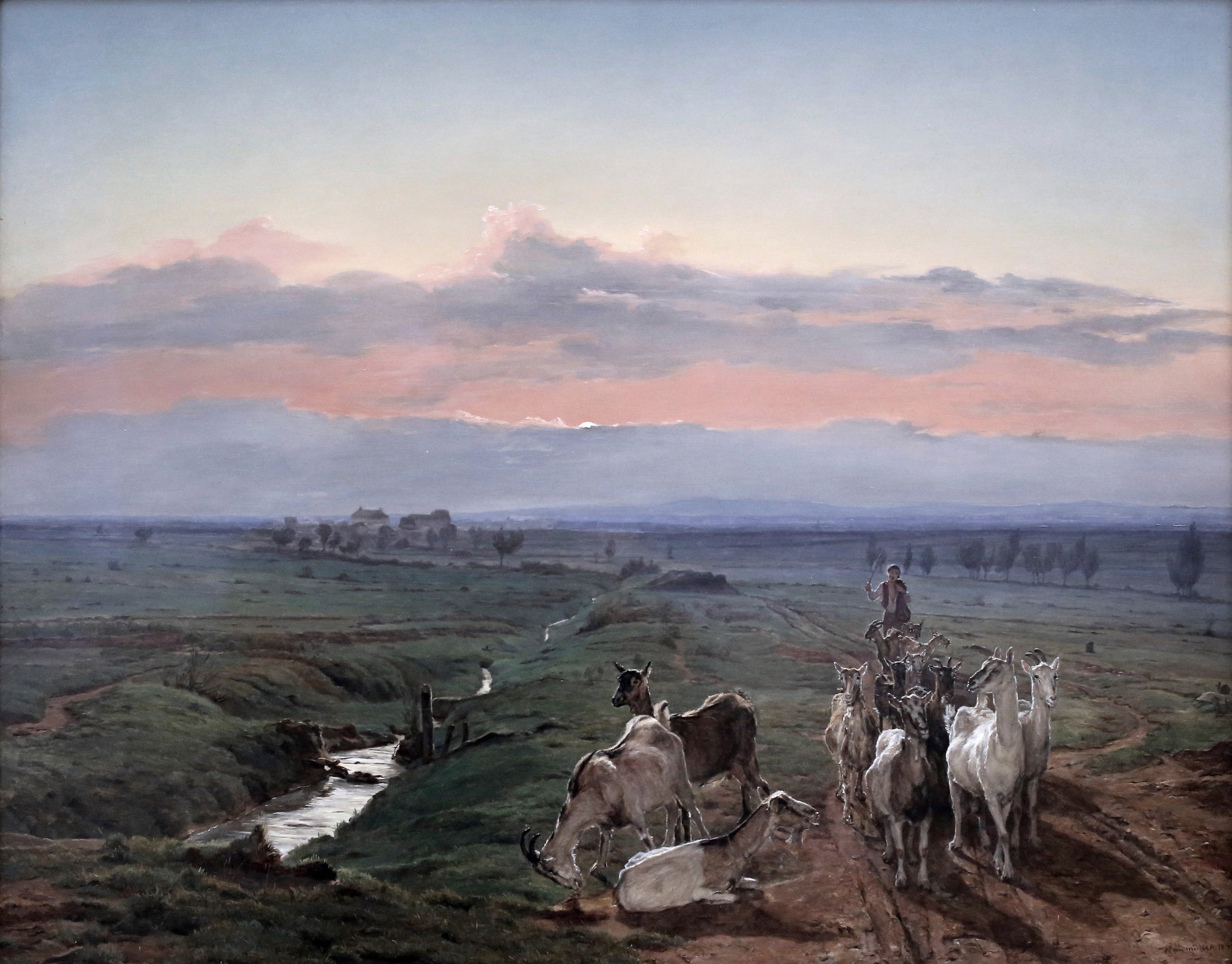 Ferdinand Georg Waldmuller, morning landscape and herd of goats, 2K, Ferdinand Georg Waldmüller, Neue Pinakothek, Munich, picture gallery, HD Wallpaper