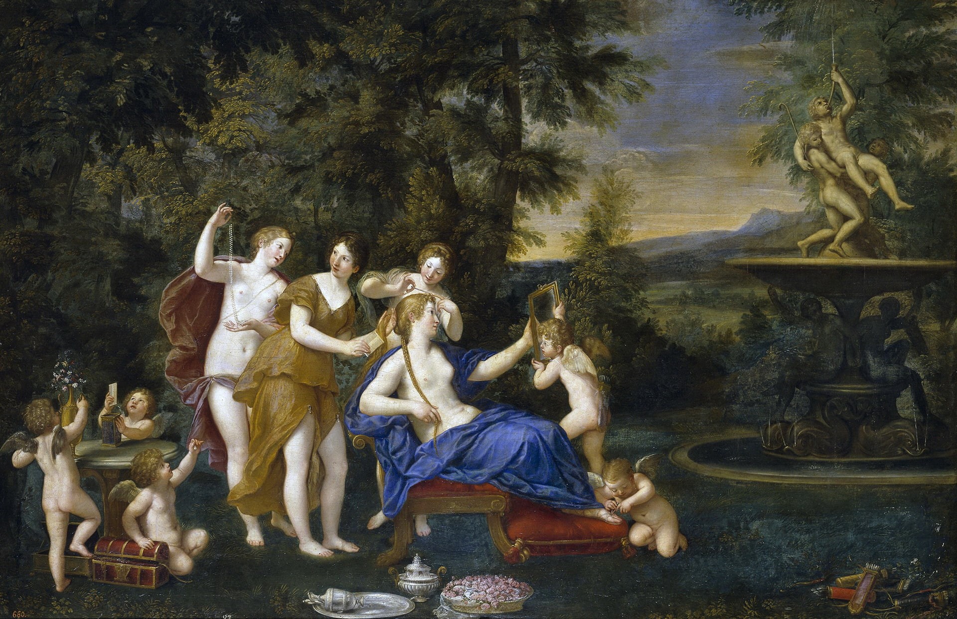 picture, trees, Francesco Albani, fountain, Venus in the Presence of Nymphs and Cupids, genre, 1080P, HD Wallpaper