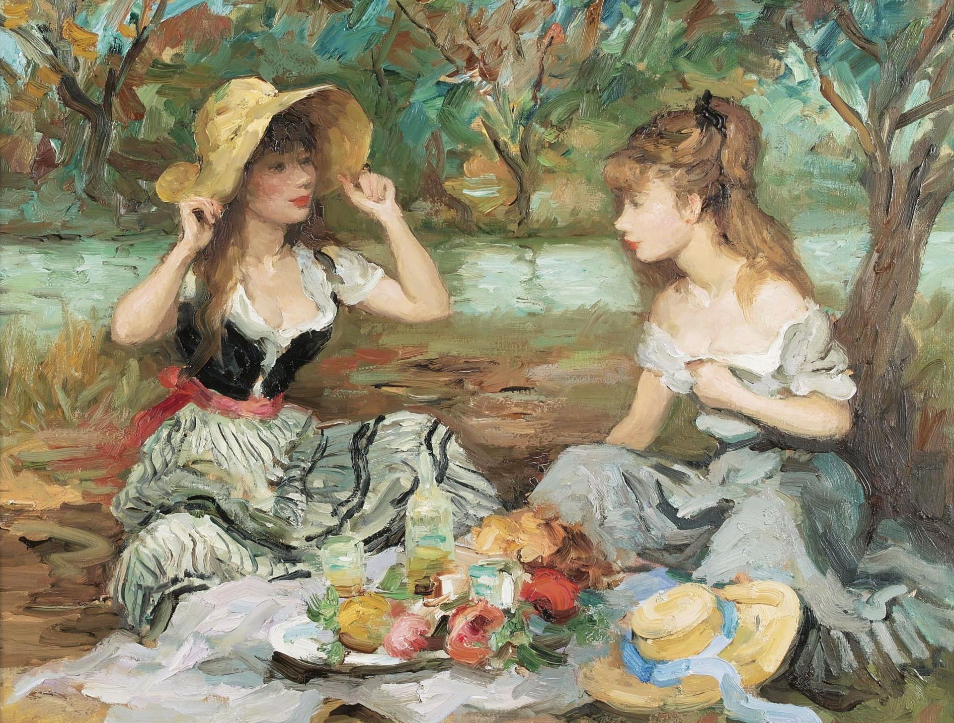 1080P, forest, nature, Marseille Dif, painting, genre, woman, picture, two, picnic, Landscape with two girls, HD Wallpaper