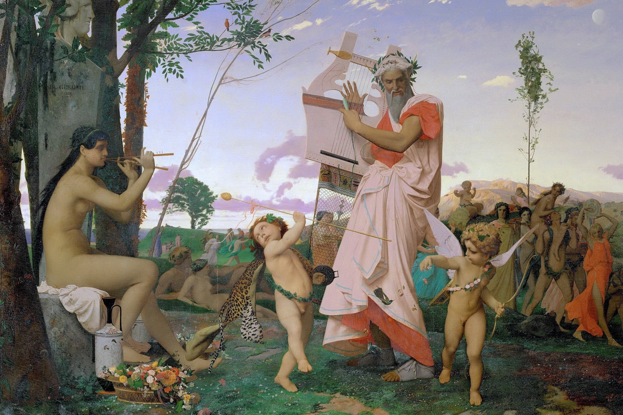 mythology, picture, The Anacreon, 1080P, Jean-Leon Gerome, Bacchus and Cupid, HD Wallpaper