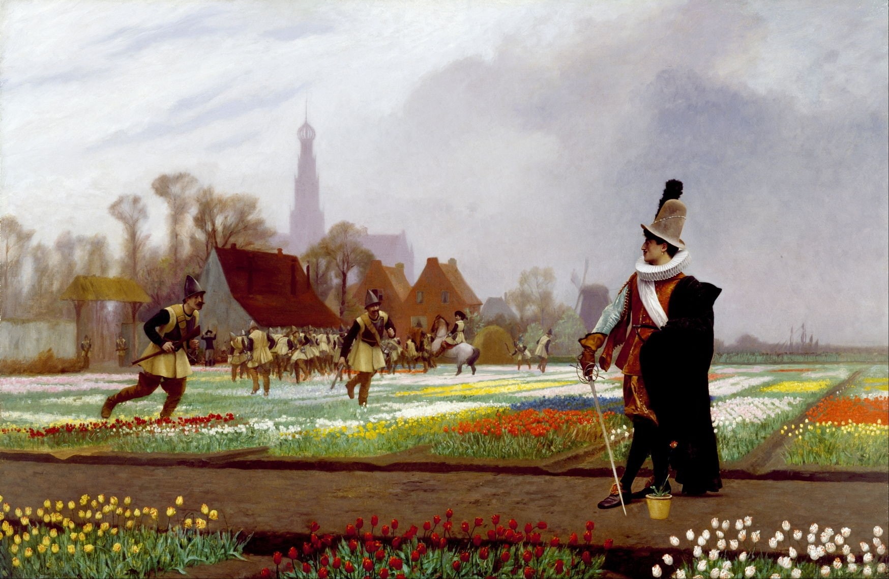 flower, Tulip folly, painting, man, art, jean leon gerome, pictura, 720P, people, HD Wallpaper