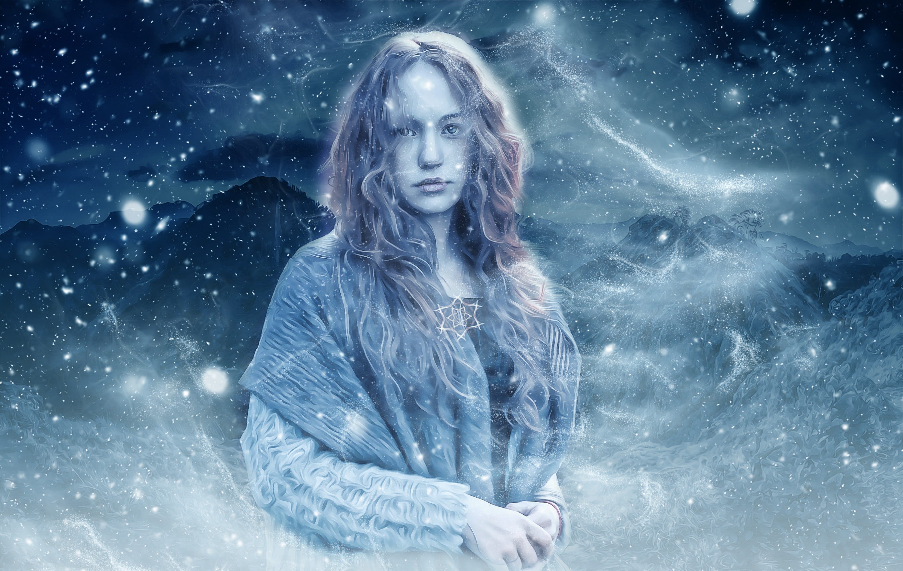 welsh, snowing, wearing, young women, fantasy character, photo art, digital composite, young, medieval, astronomy, snowflake, mountains, blizzard, looking at camera, HD Wallpaper