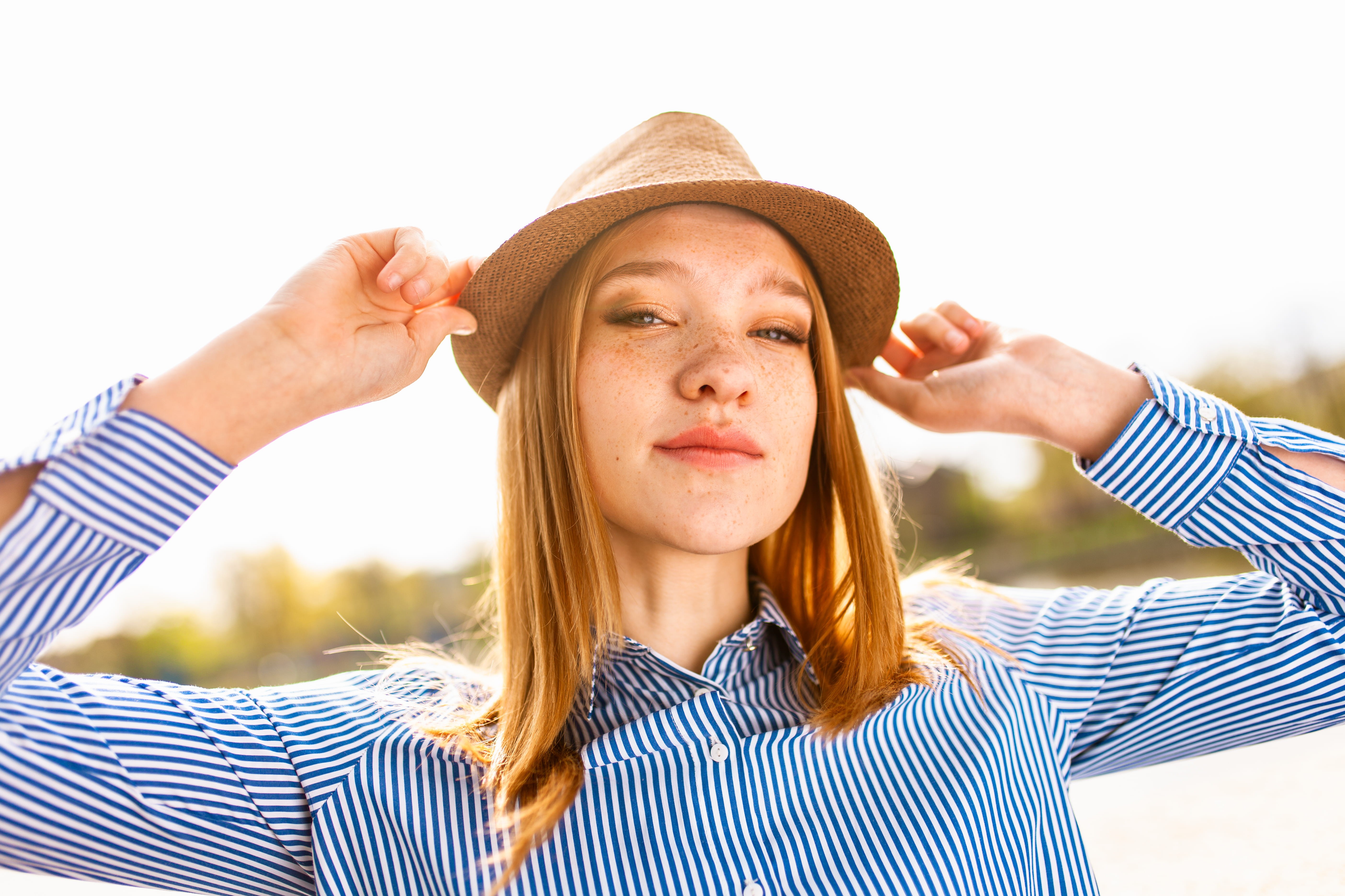 dress, person, brown, happy, front view, lifestyle, human limb, camera, hold, women, look, blue, outdoors, arms raised, hands, coffee, young women, freckles, HD Wallpaper