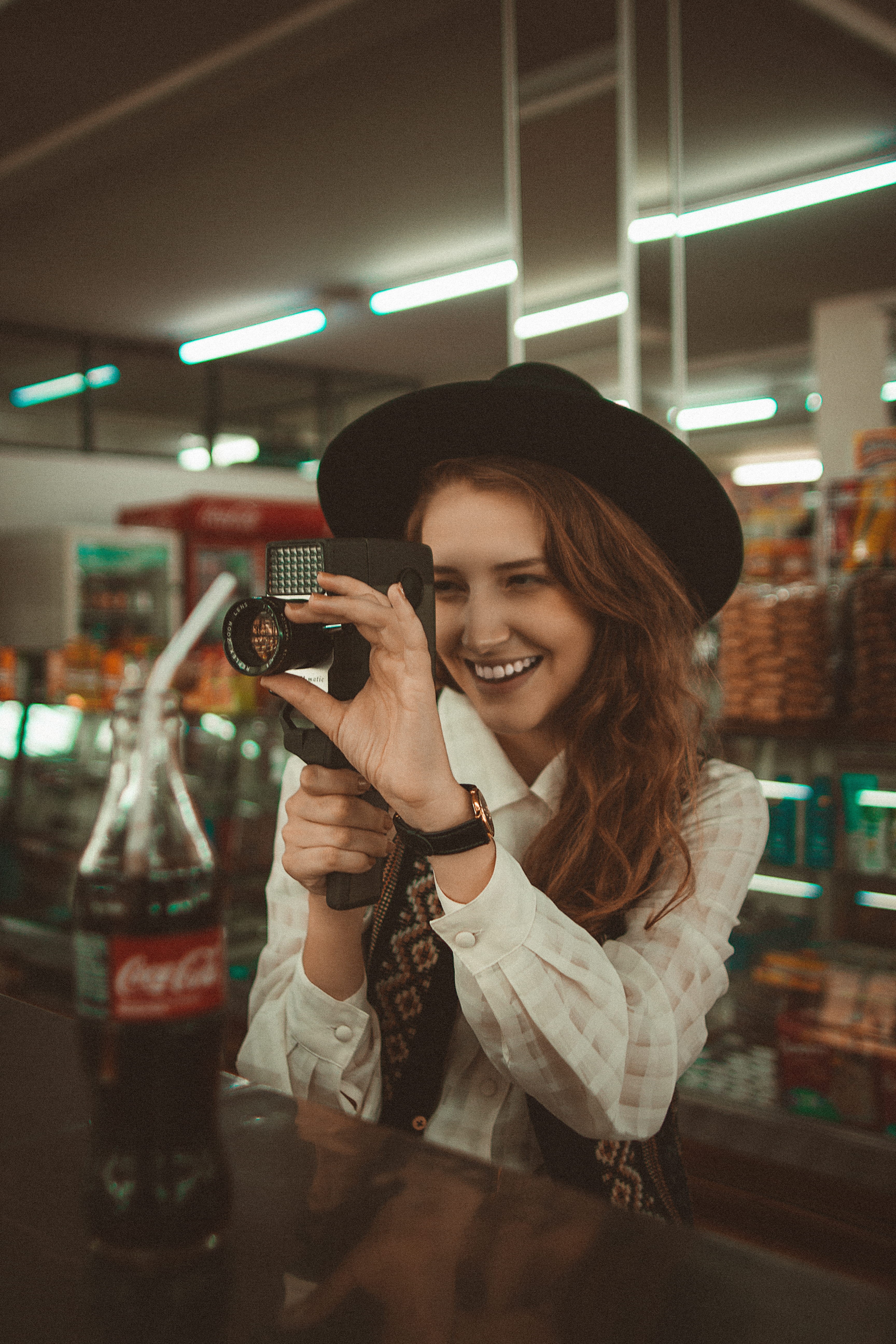 beautiful woman, leisure activity, real people, happiness, one person, video camera, coke, coca cola, grainy, brown, food and drink, female, young women, Phone HD Wallpaper