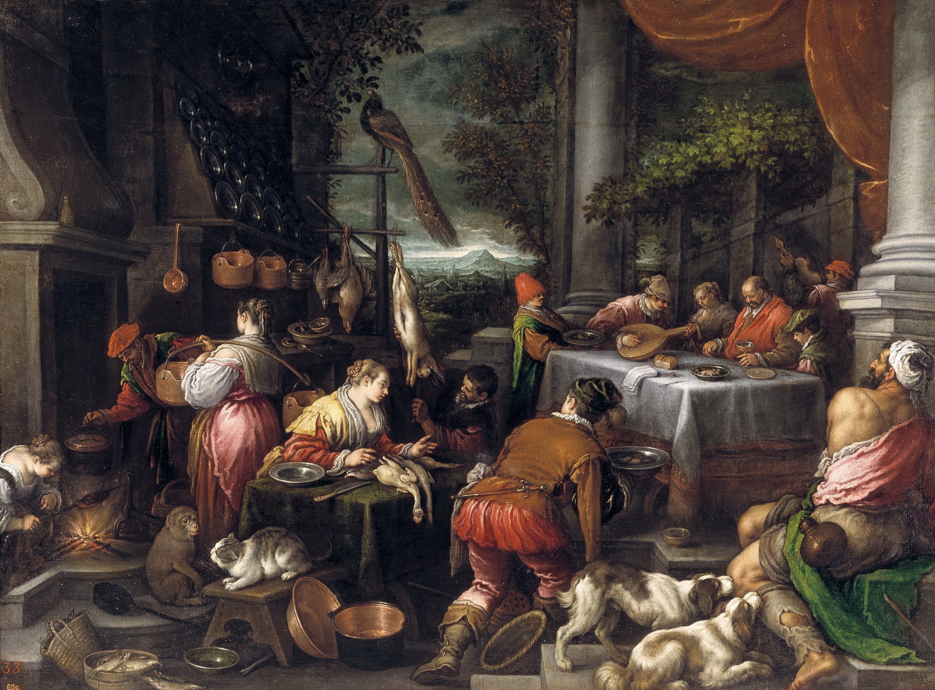 people, The rich man and Lazarus, Leandro Bassano, animals, picture, mythology, 1080P, genre, HD Wallpaper