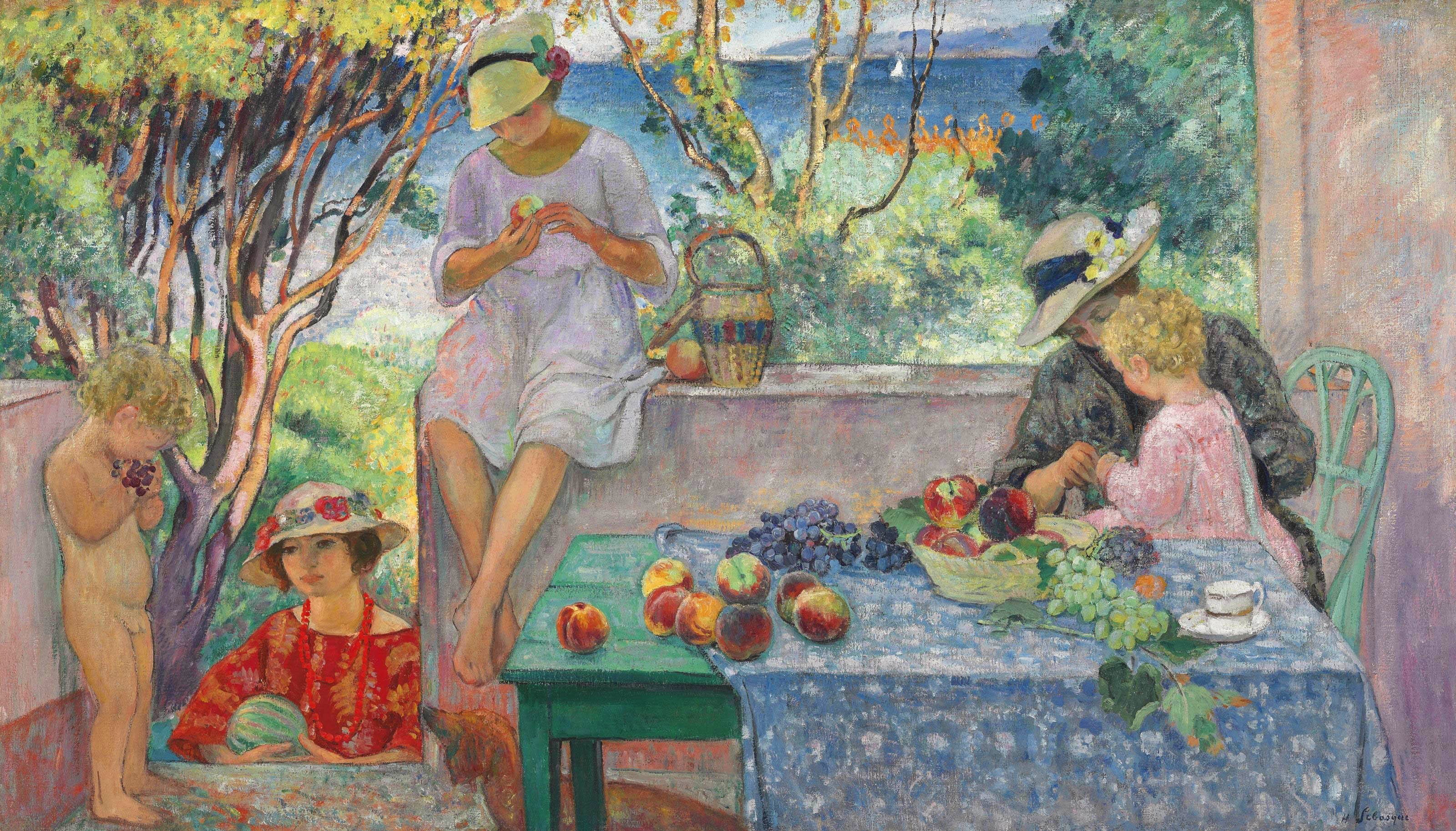 sail, picture, Henri Lebasque, genre, Tasting Fruits on the Terrasse at Sainte-Maxime, table, people, sea, Villa, garden, 2K, HD Wallpaper