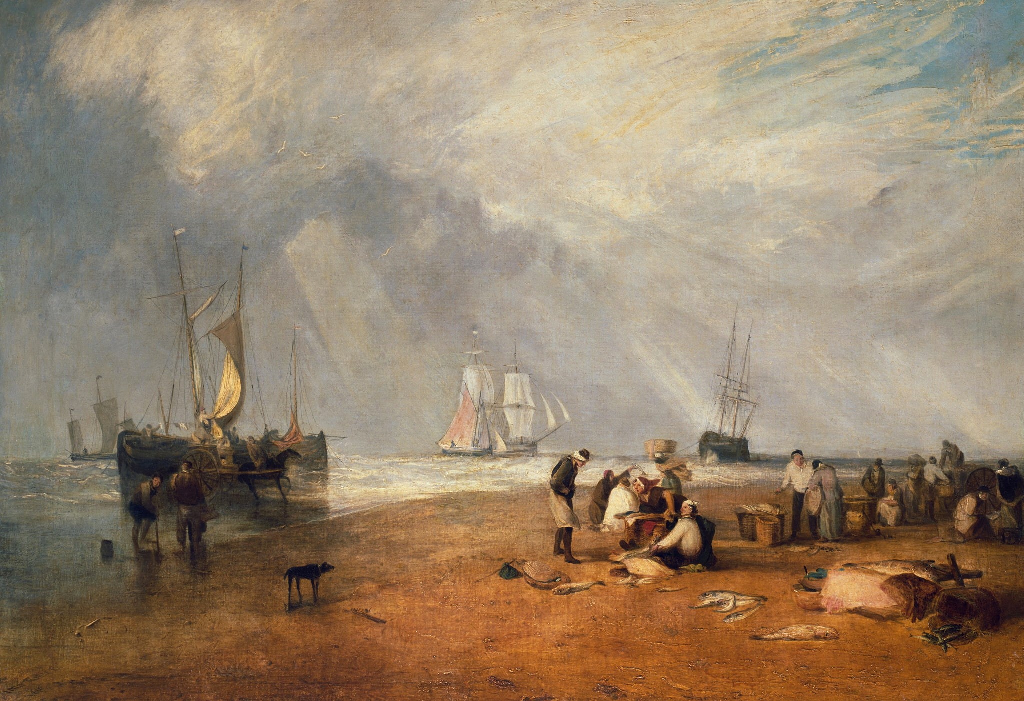 seascape, shore, sail, sea, people, ship, William Turner, Fish Market at Hastings beach, genre, picture, 1080P, HD Wallpaper