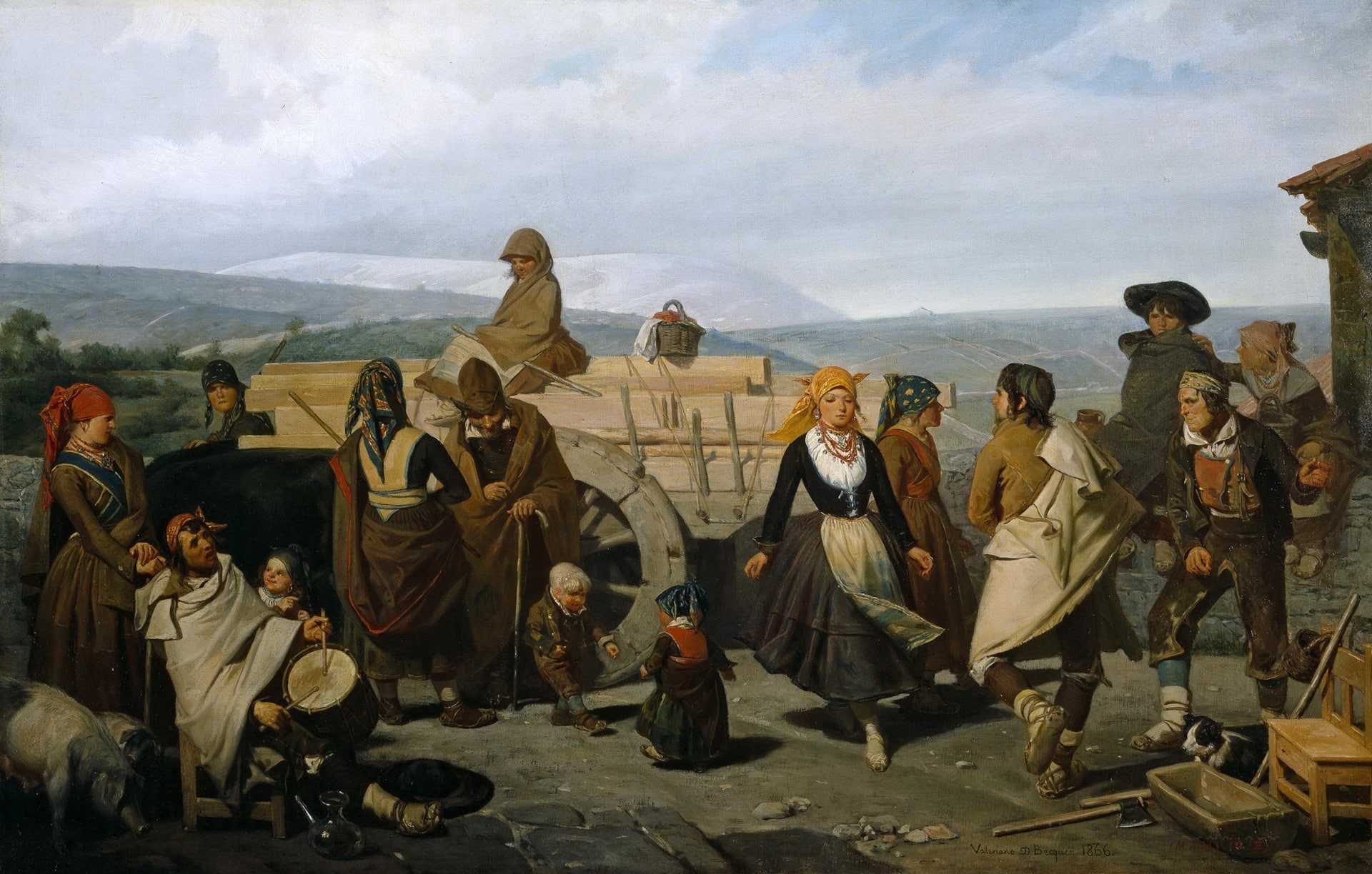 mountains, children, people, picture, wagon, Valeriano Dominguez Becker, 1080P, genre, Dance, HD Wallpaper