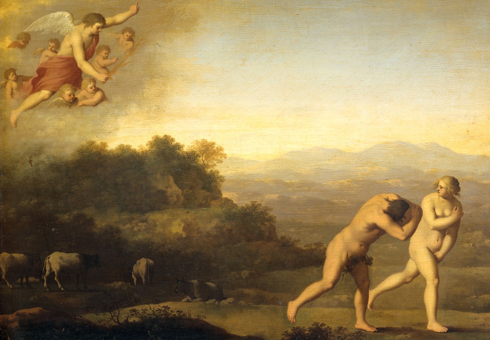 1080P, tree, The expulsion from Paradise, picture, oil, mythology, Cornelis van Poelenburg, HD Wallpaper