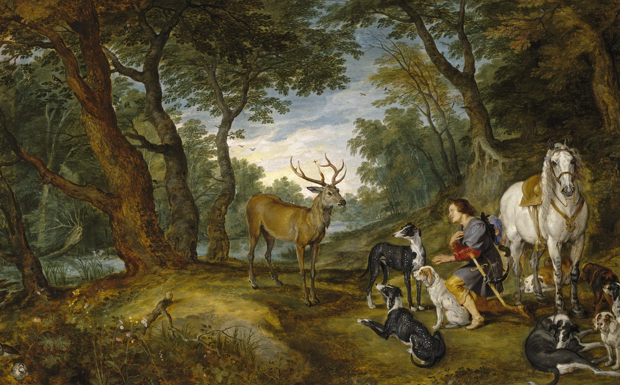 The Vision Of St. Hubert, mythology, picture, deer, forest, 1080P, horse, dogs, Jan Brueghel the elder, HD Wallpaper
