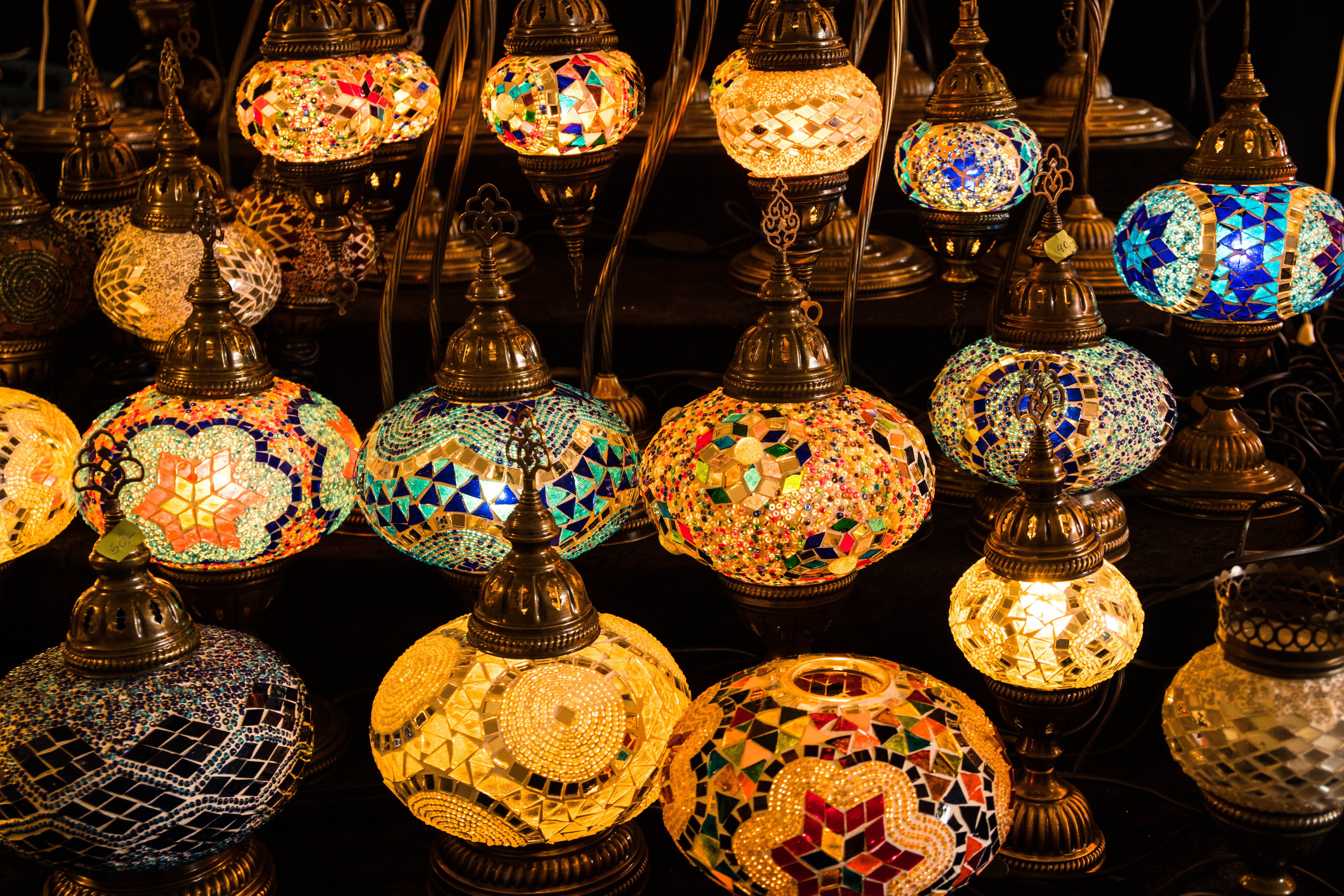 mosaic, no people, arrangement, light, colorful, illuminated, decoration, indoors, retail, 5K, oriental, large group of objects, lamp, collection, market, HD Wallpaper