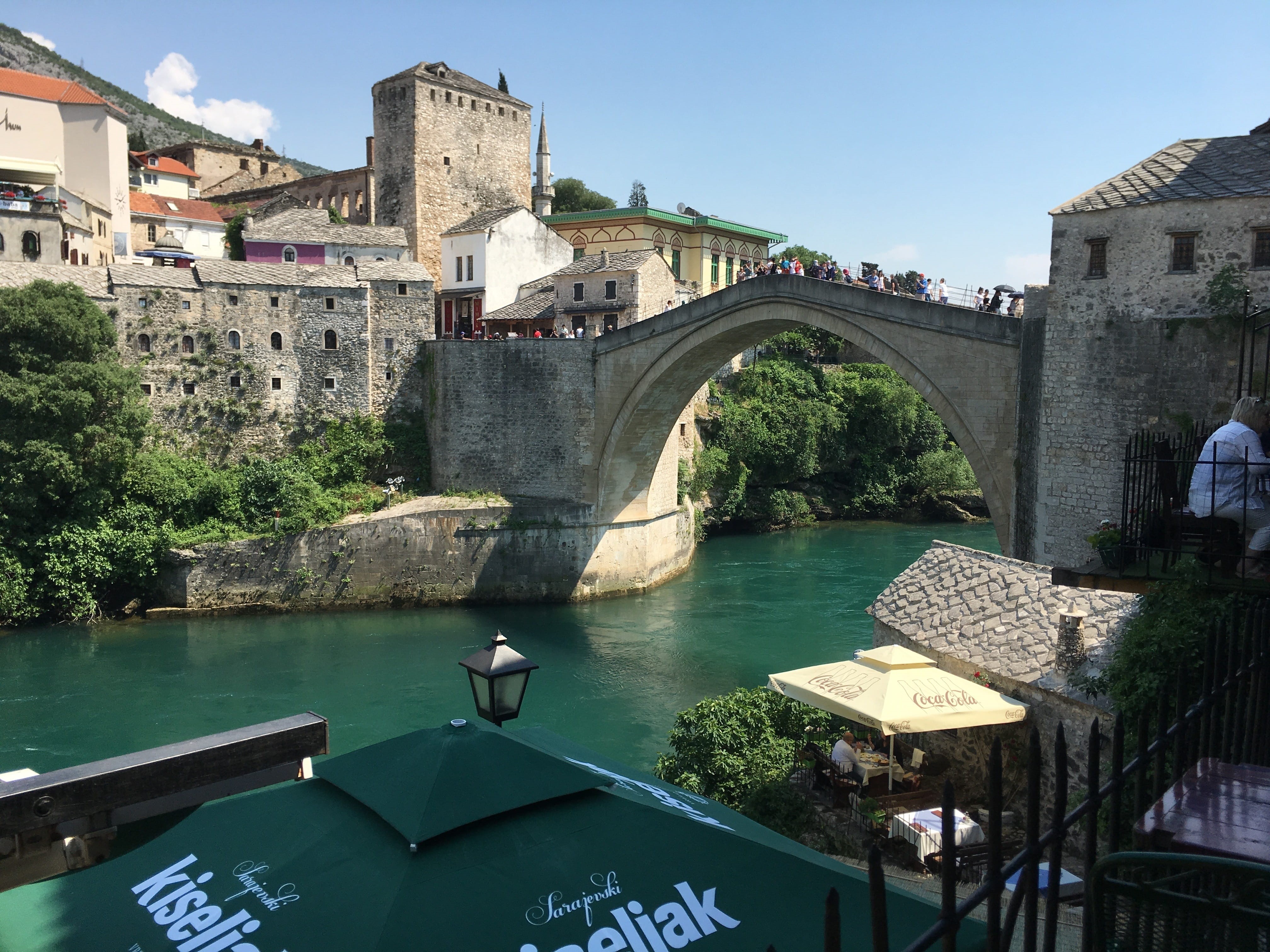 arch bridge, sky, day, river, bosnia, europe, stone, mostar, medieval, islam, bridge, water, stari, tree, ottoman, landscape, outdoors, travel, arch, 4K, HD Wallpaper