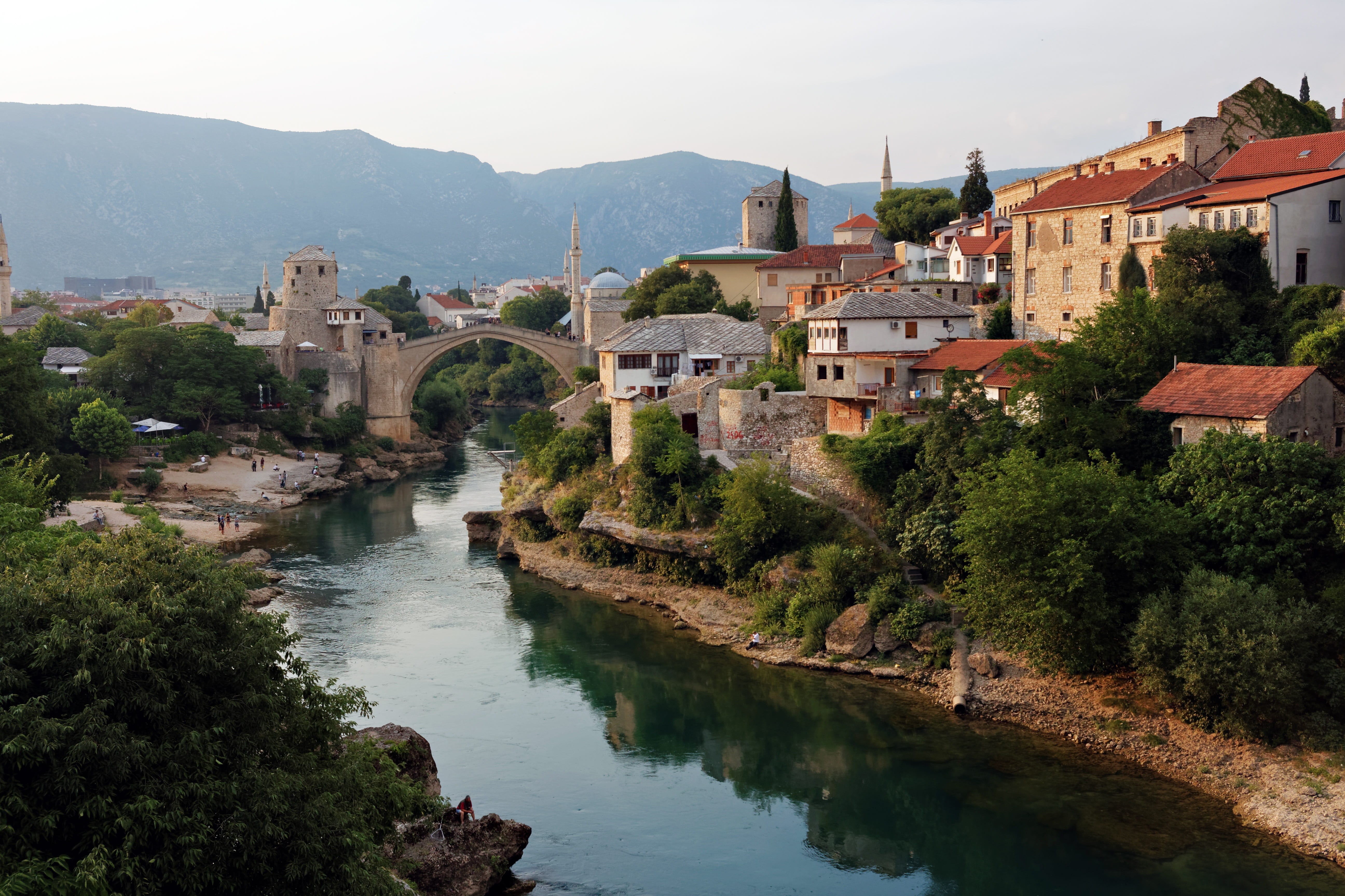 plant, beside, summer, river, bridge - man made structure, arch bridge, creek, tree, the minaret of the, connection, residential district, 5K, history, HD Wallpaper