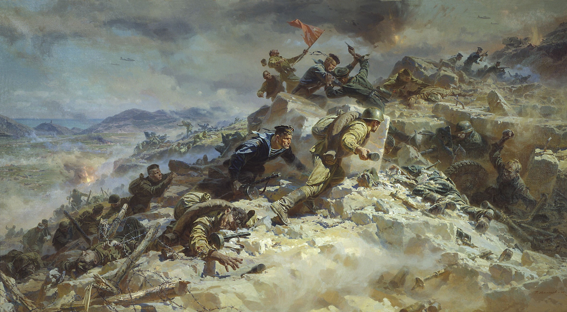 nature, ruins, 1080P, the great Patriotic war, smoke - physical structure, environment, day, wildlife, sea, painting, animal wildlife, vertebrate, large group of animals, HD Wallpaper