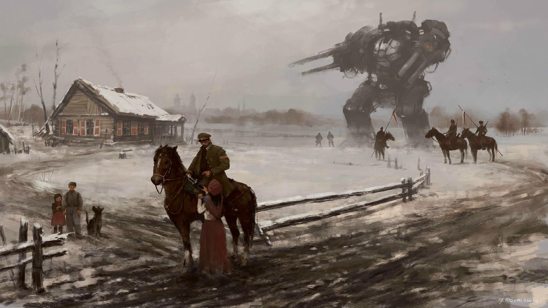 history, winter, Iron Harvest, horse, alternative history, Poland, painting, women, Jakub Różalski, house, robot, army, digital art, children, 1080P, soldier, HD Wallpaper