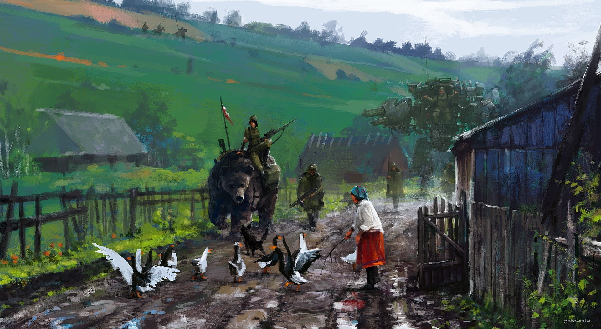 soldier, weapon, fan art, animals, Jakub Różalski, painting, army, Iron Harvest, robot, digital art, science fiction, 1080P, village, house, landscape, HD Wallpaper