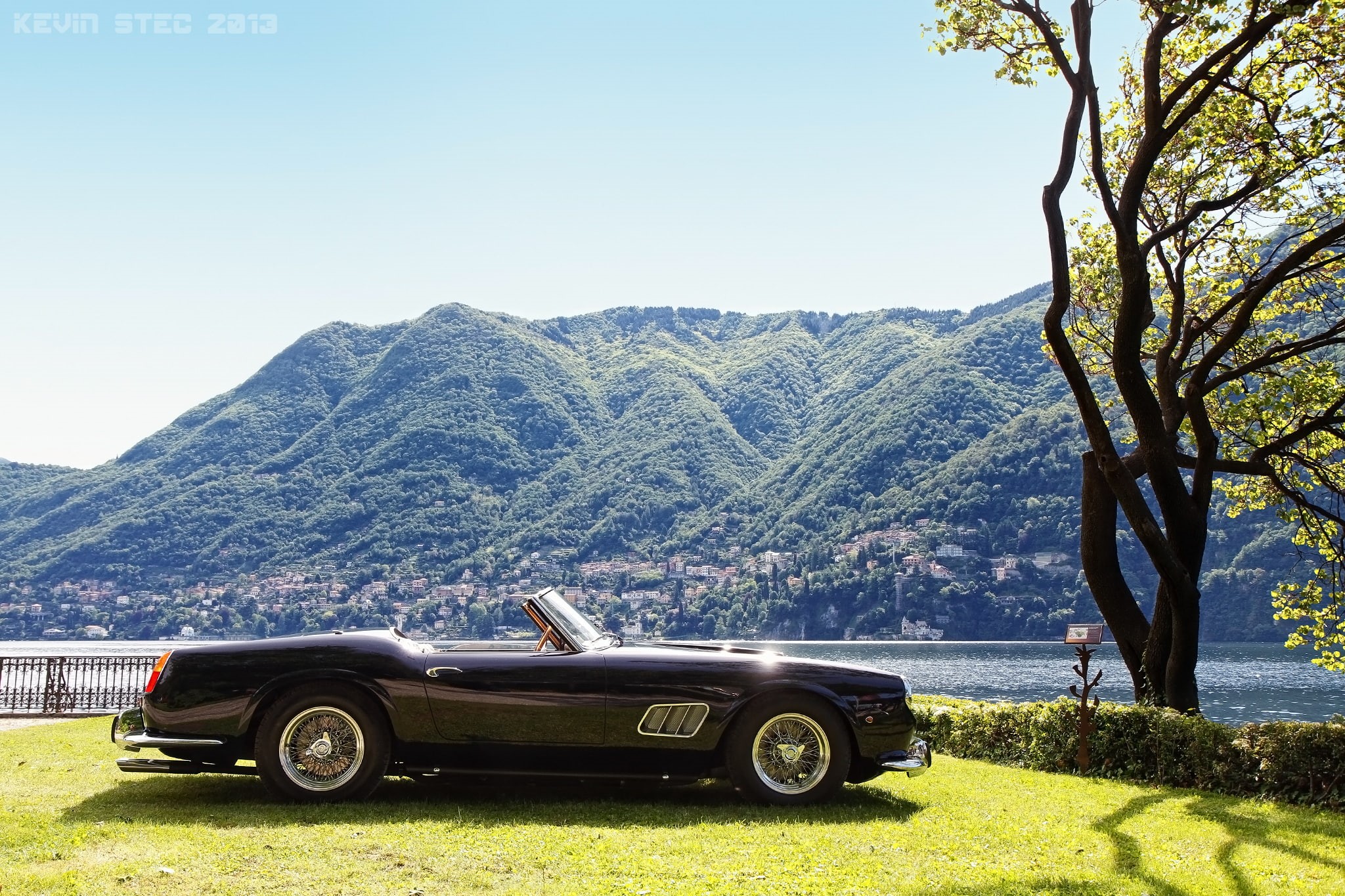 land vehicle, transportation, scenics - nature, Ferrari 250 GT SWB, no people, mountain range, mountains, retro, Italy, sky, black, nature, tree, lawn, HD Wallpaper