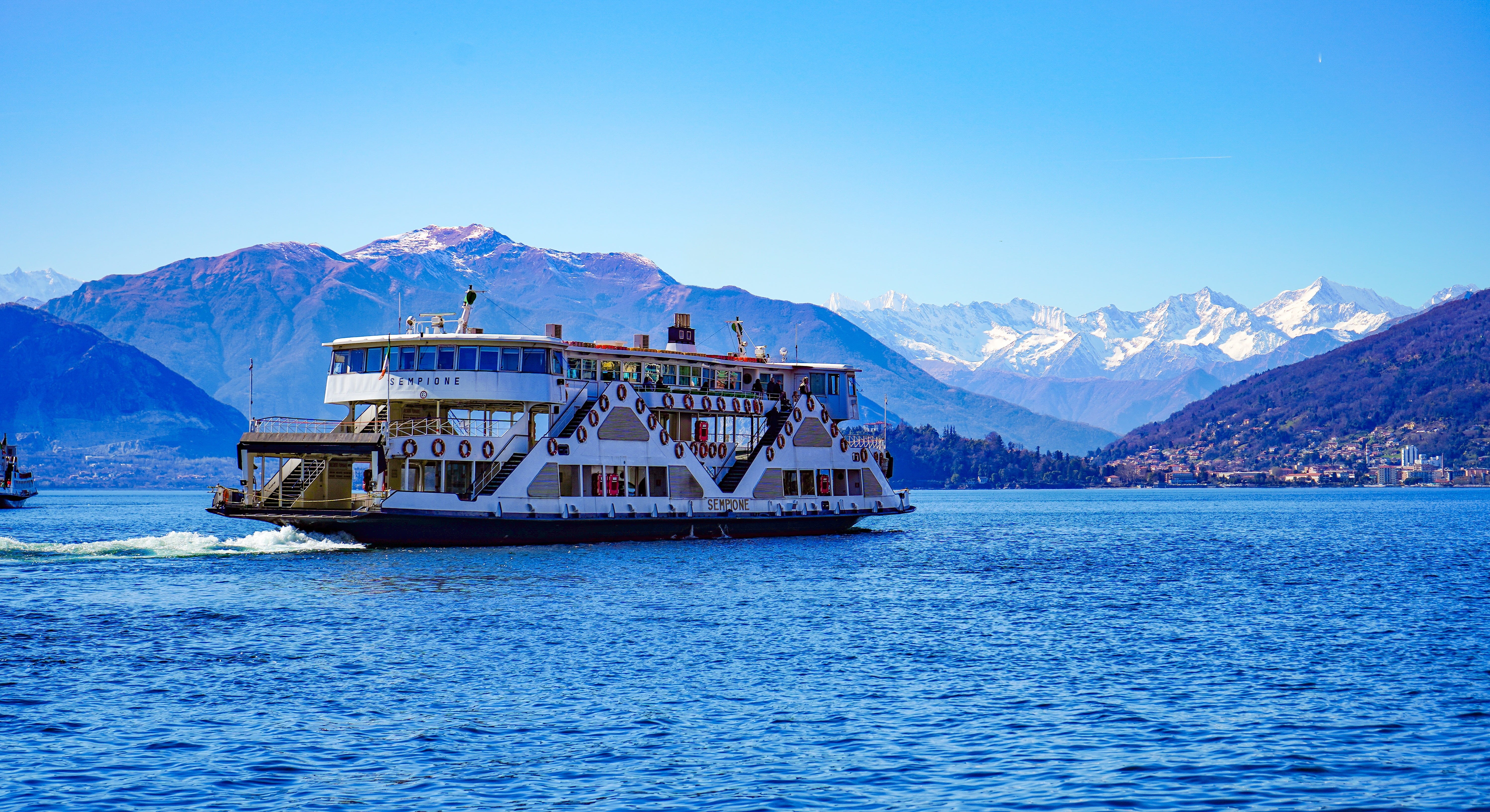 5K, beauty in nature, nautical vessel, water, sempione, snowcapped mountain, lago maggiore, italy, lombardy, steamer, vista, travel, snow, shuttle, ship, HD Wallpaper