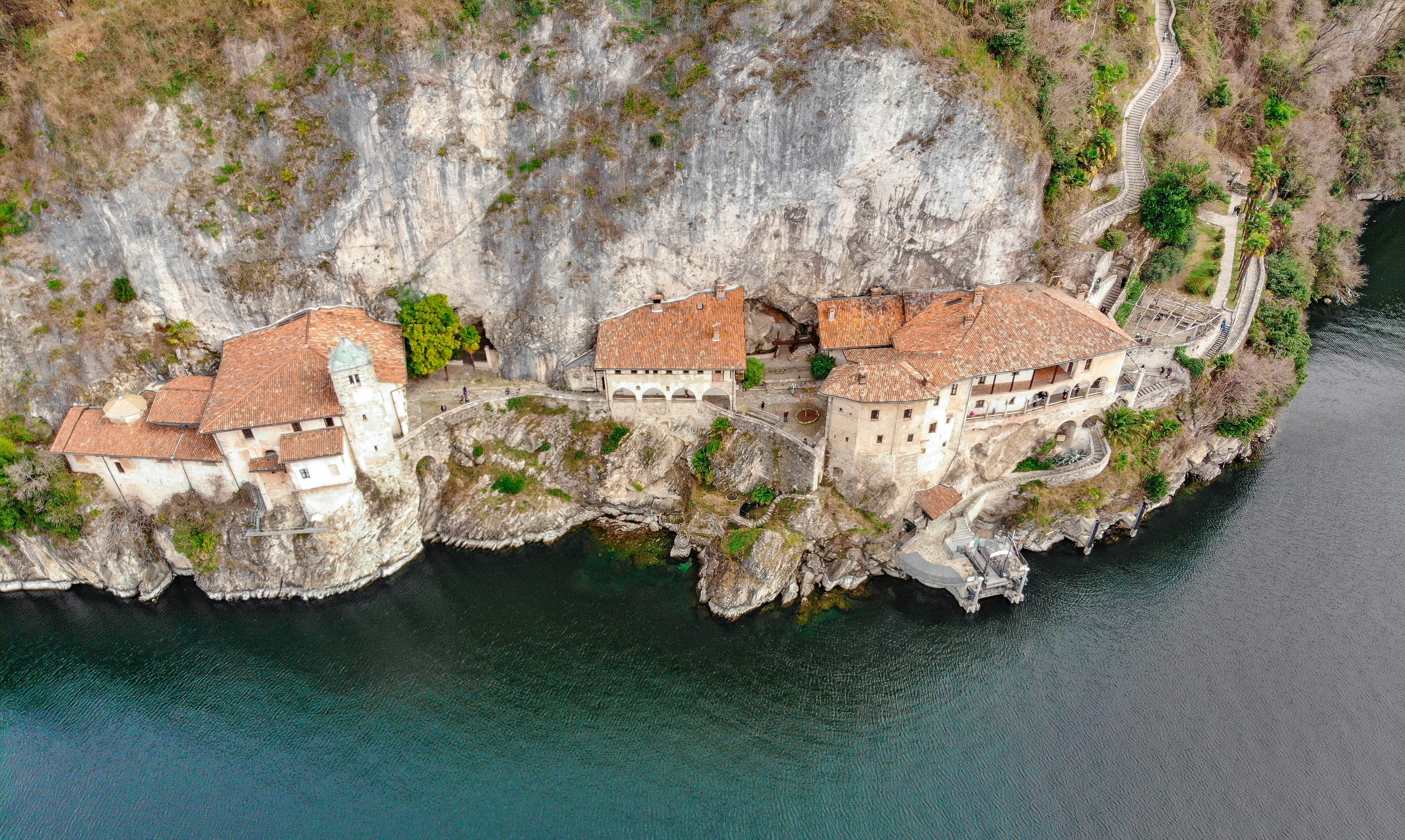 canal, catholic, christianity, building exterior, waterfront, solid, architecture, staircase, day, romanesque architecture, aerial view, rock - object, HD Wallpaper