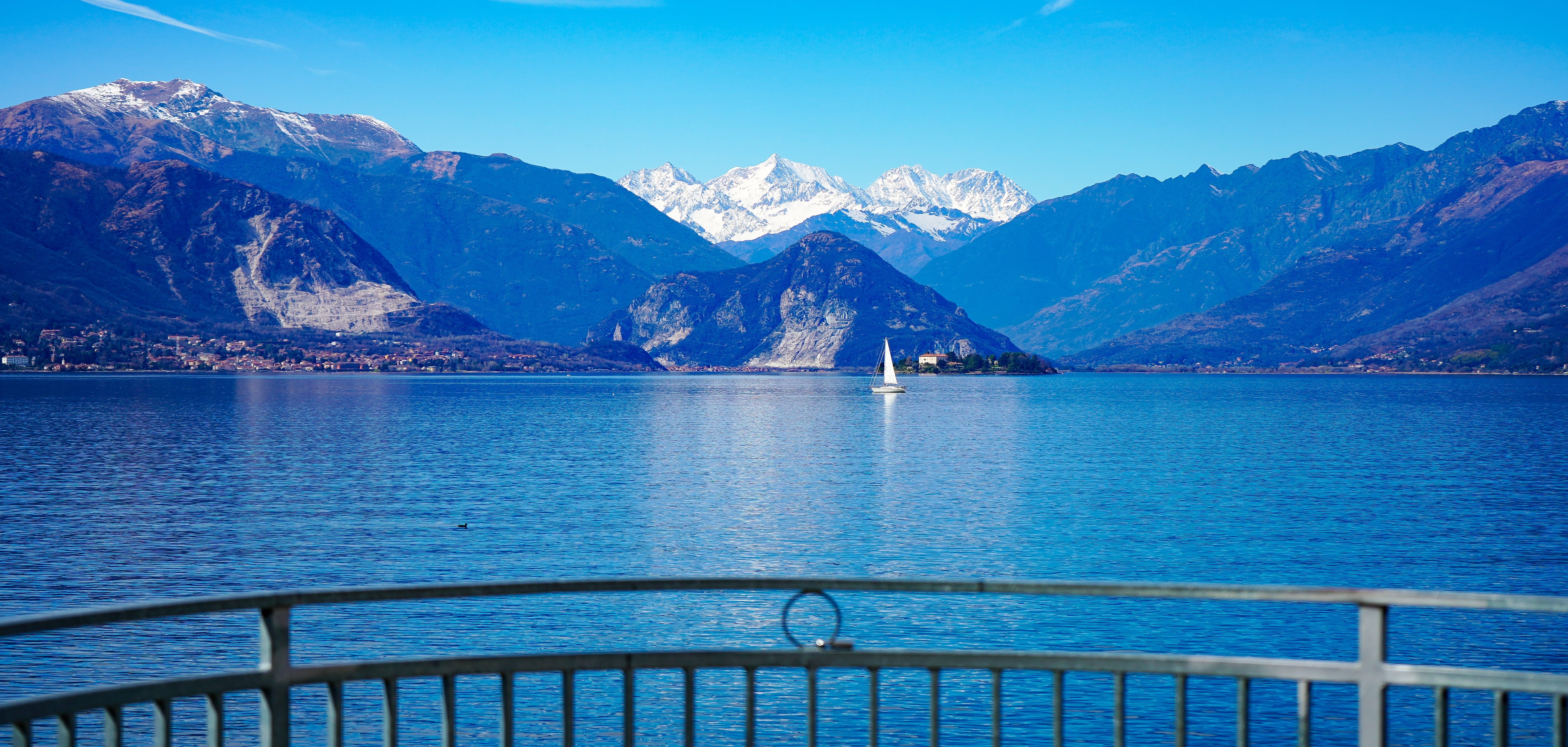 varese, landscape, blue, snow, a view of the lake, laveno, sea, 5K, beauty in nature, italy, cold temperature, tranquil scene, travel destinations, snowcapped mountain, HD Wallpaper