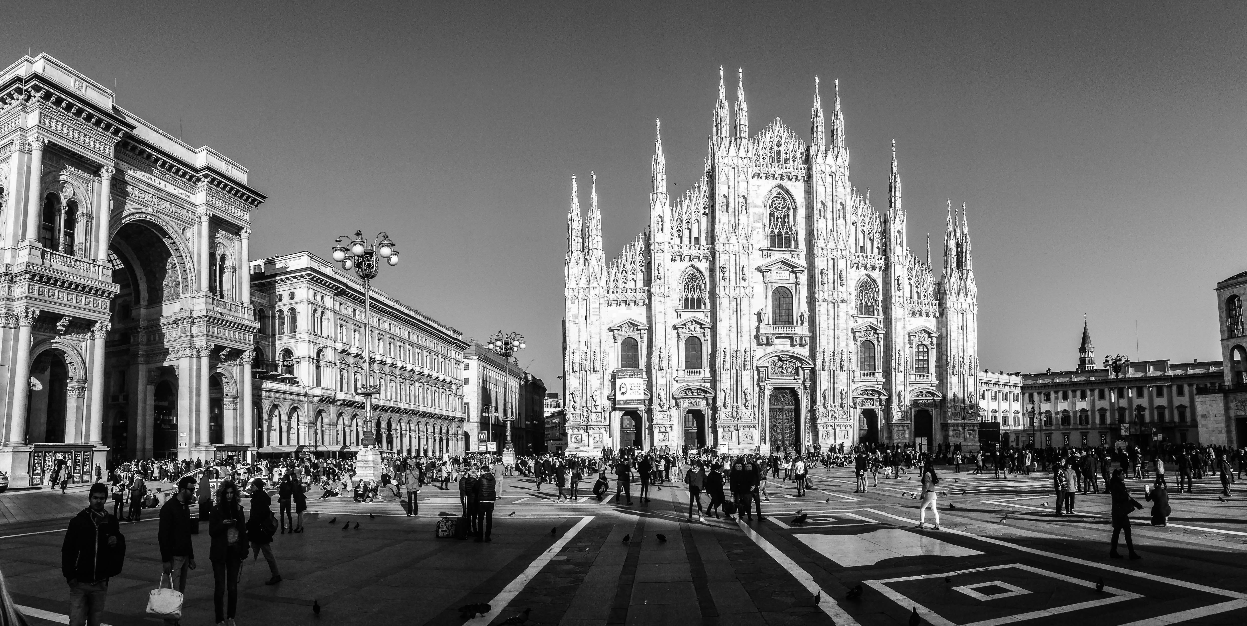 metropolitan city of milan, duomo, place of worship, bw, italy, cathedral, sky, 4K, built structure, history, group of people, architecture, panoramic, HD Wallpaper
