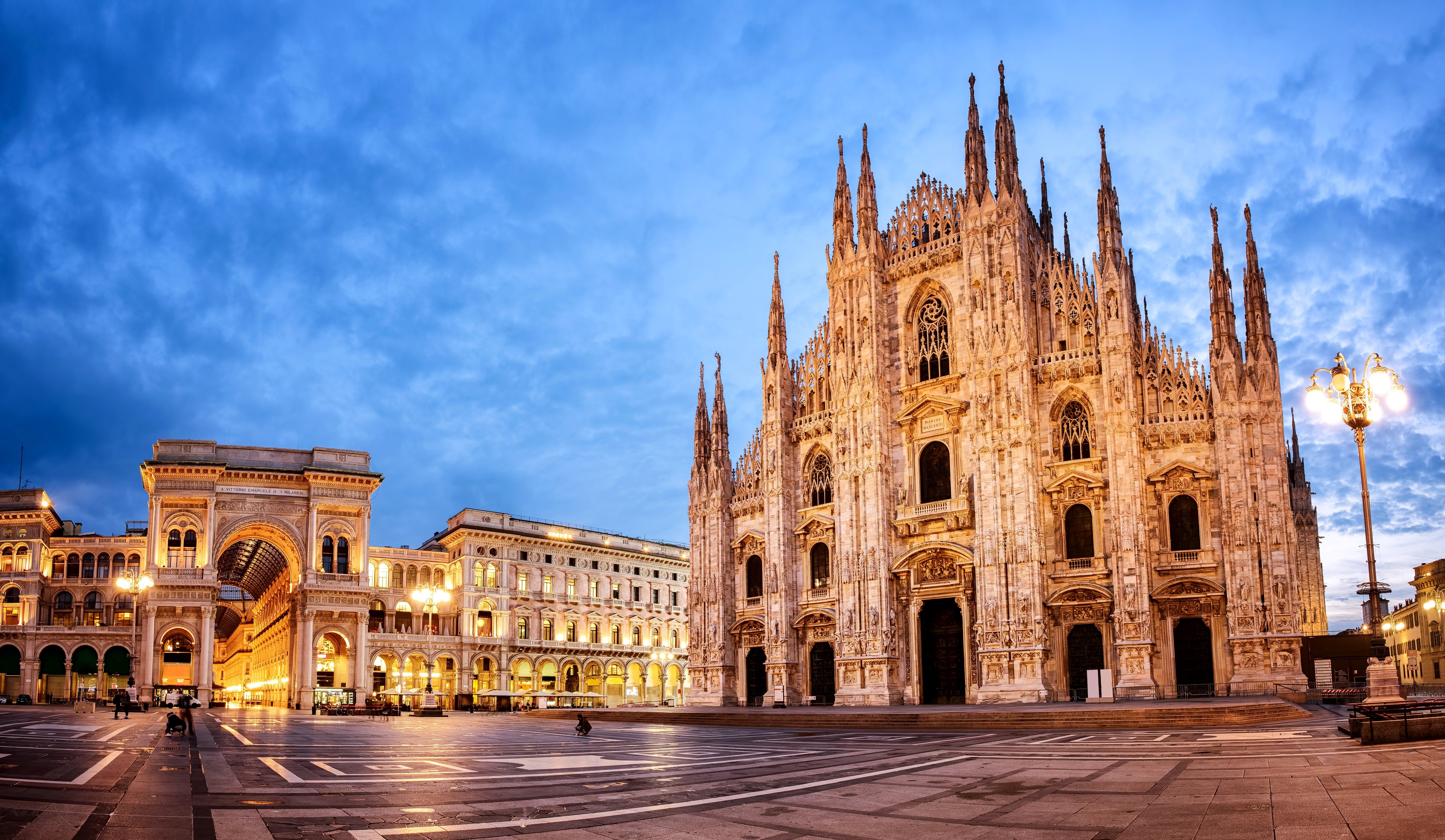 outdoors, illuminated, brown, religion, Italy, city, concrete, place of worship, area, Milan Cathedral, arch, tourism, history, travel destinations, sky, HD Wallpaper