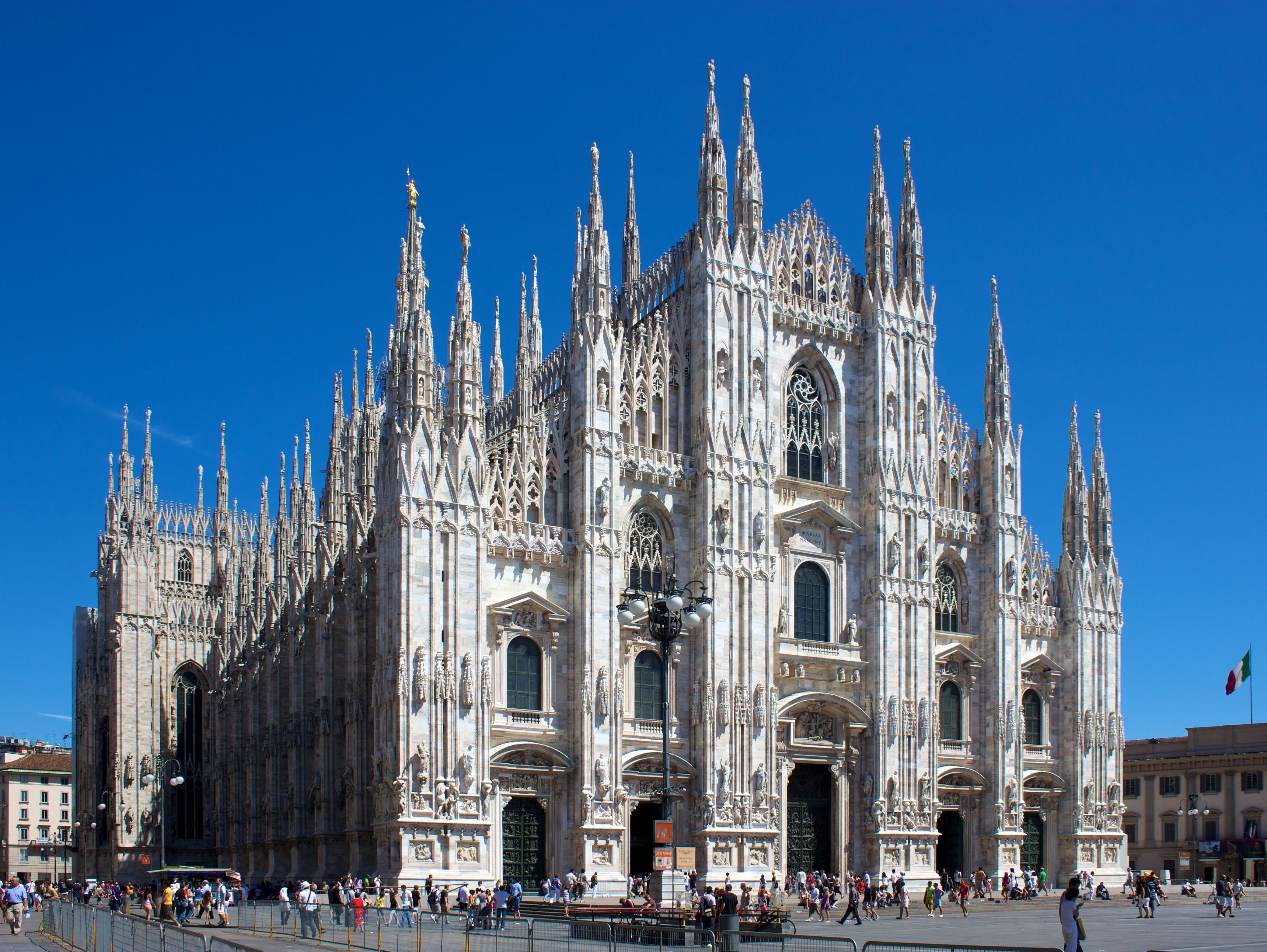Milan, building exterior, architecture, spirituality, place of worship, facade, group of people, built structure, 4K, Duomo, religion, tourism, travel destinations, HD Wallpaper