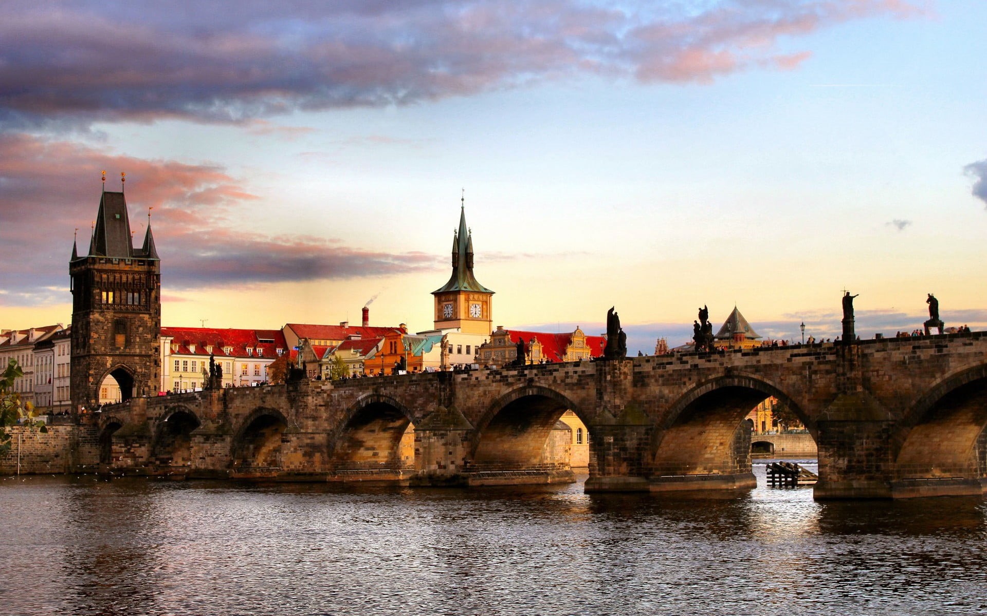 Prague, arch, no people, bridge - man made structure, nature, river, white, connection, building, tower, city, architecture, 1080P, brown, cloud - sky, HD Wallpaper