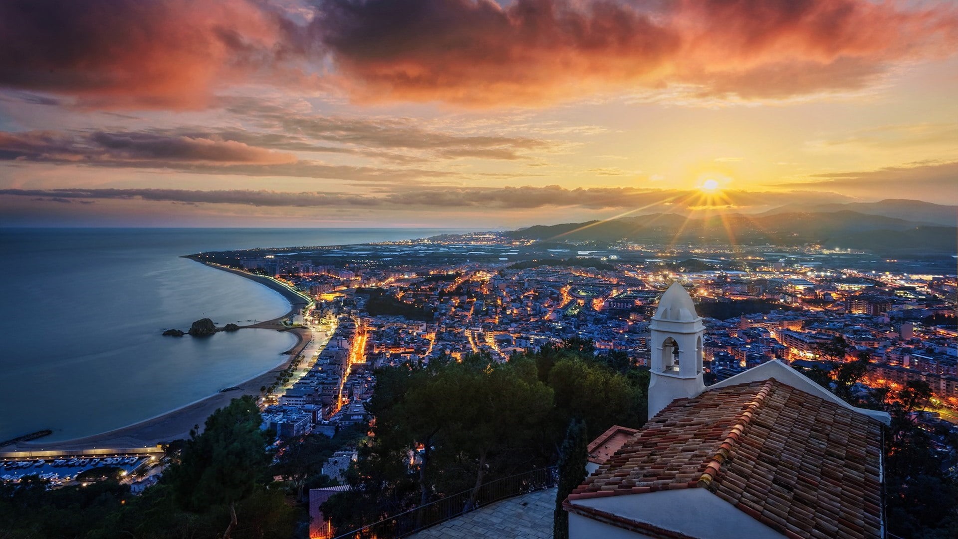 tourism, place of worship, religion, europe, residential district, girona, water, sky, cloud, building exterior, blanes, building, sunset, outdoors, crowd, HD Wallpaper