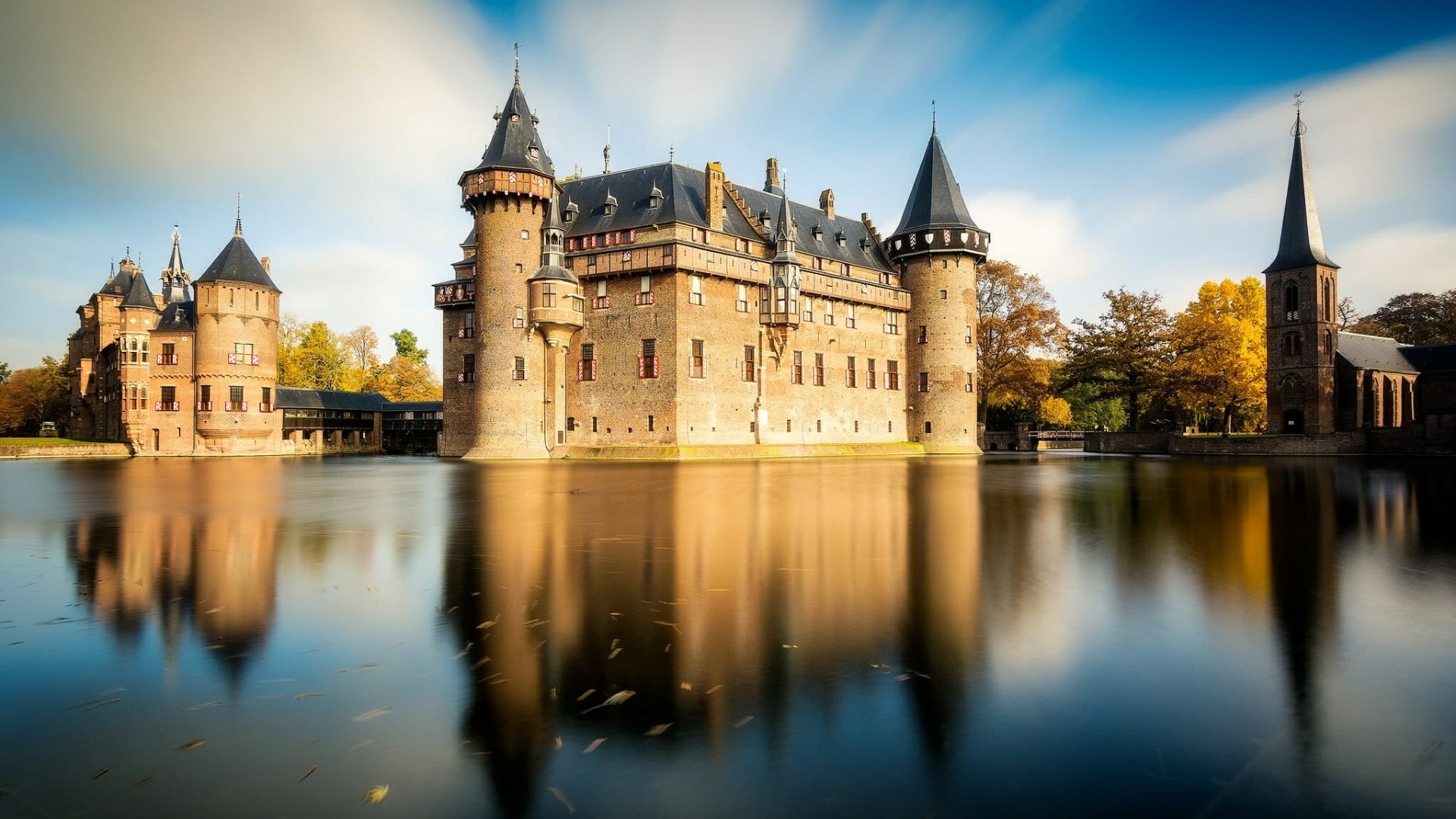 built structure, waterfront, gothic style, architecture, nature, europe, the past, building, kasteel de haar, city, government, palace, reflection, travel destinations, HD Wallpaper