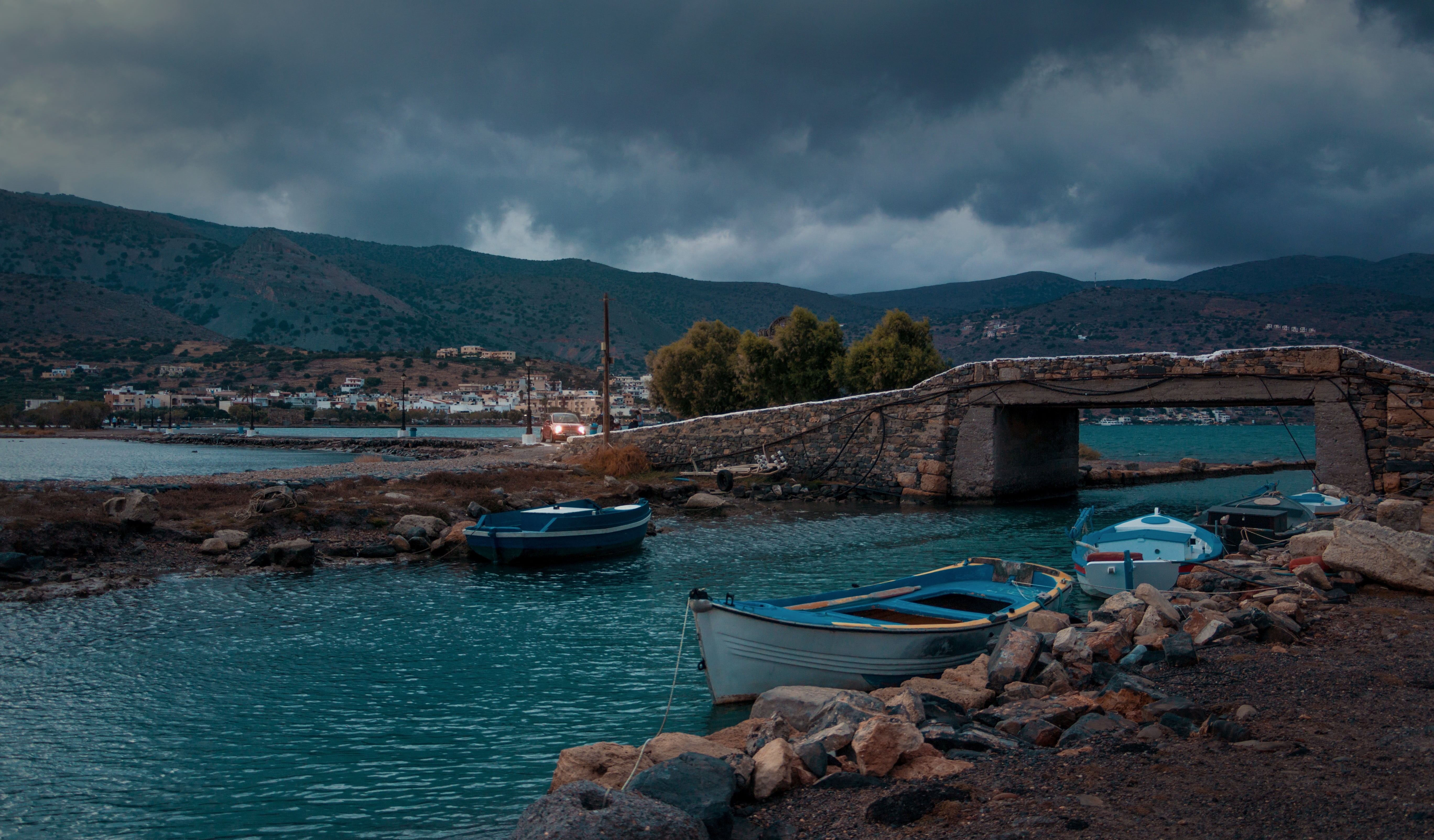 vision, mountain, built structure, blue light, boats, photo, greek island, clouds, beauty in nature, dusk, outdoors, mode of transportation, color game, HD Wallpaper