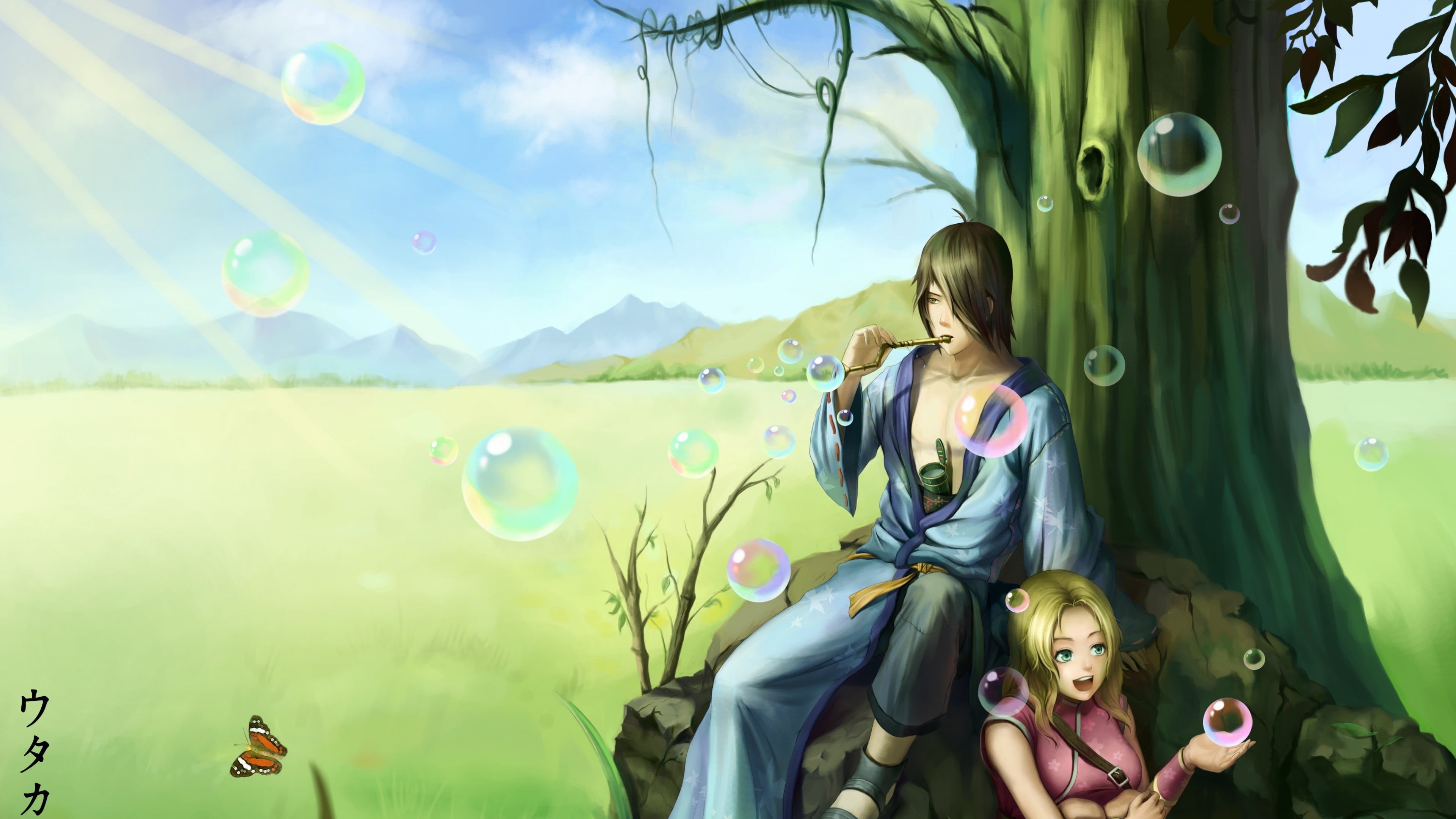 three quarter length, butterfly, leisure activity, green color, illustration, bubble, mid adult, anime, young women, people, fantasy art, females, Naruto Shippuuden, HD Wallpaper