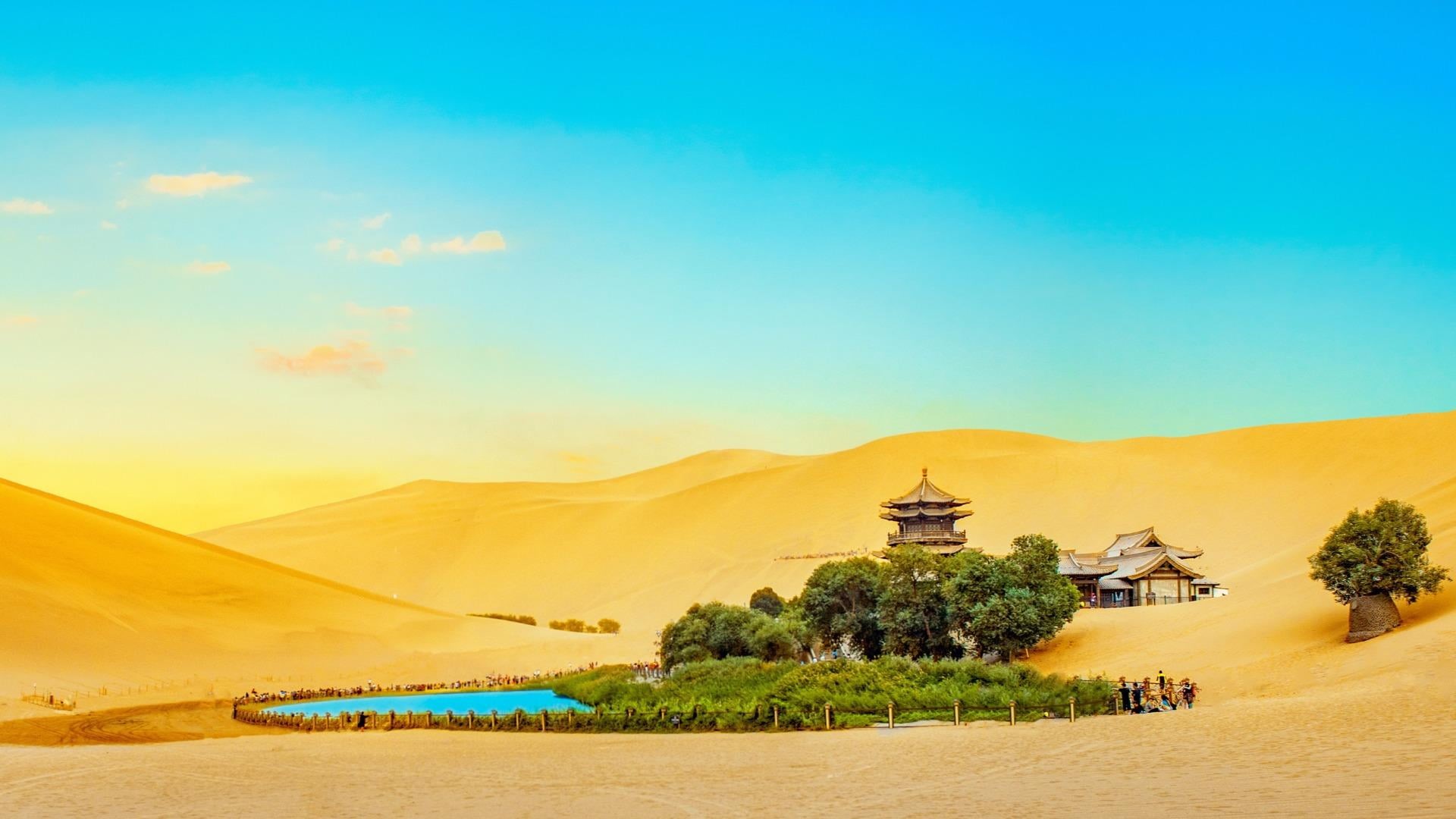 environment, arid climate, day, non-urban scene, 1080P, cloud - sky, yueya spring, crescent lake, tranquil scene, no people, built structure, landscape, HD Wallpaper