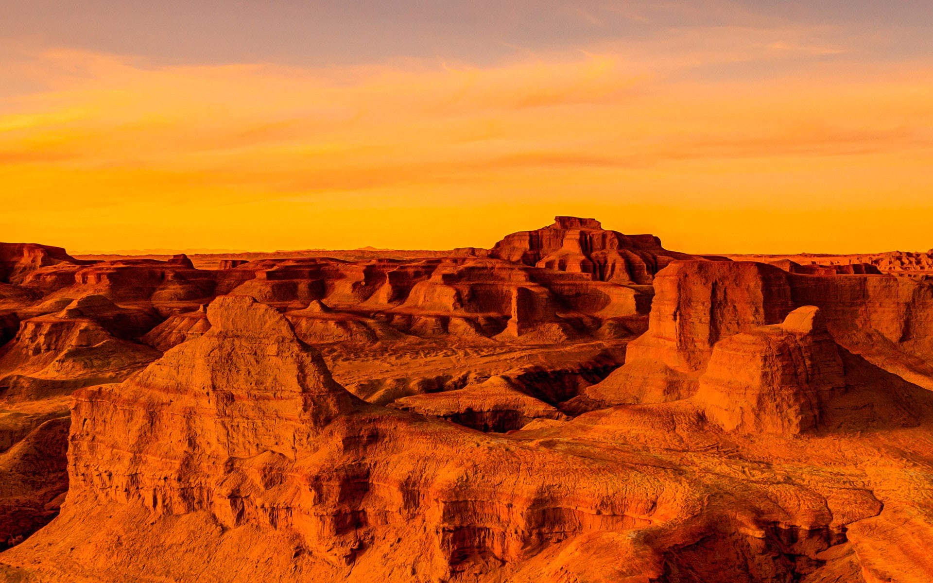 1080P, tranquility, solid, tranquil scene, desert, rock - object, sunset, gobi, windows, outdoors, rock formation, brown, nature, climate, sky, canyon, HD Wallpaper