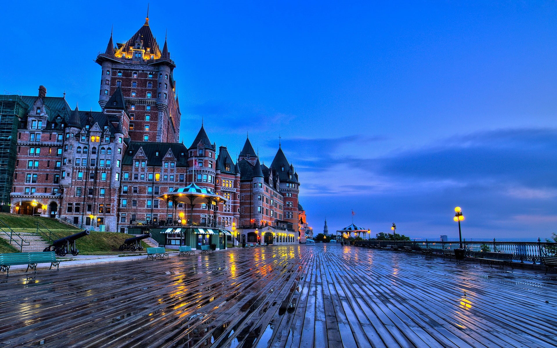 1080P, Castle, chateau, City, Canada, frontenac, Quebec, Benches, Evening, HD Wallpaper