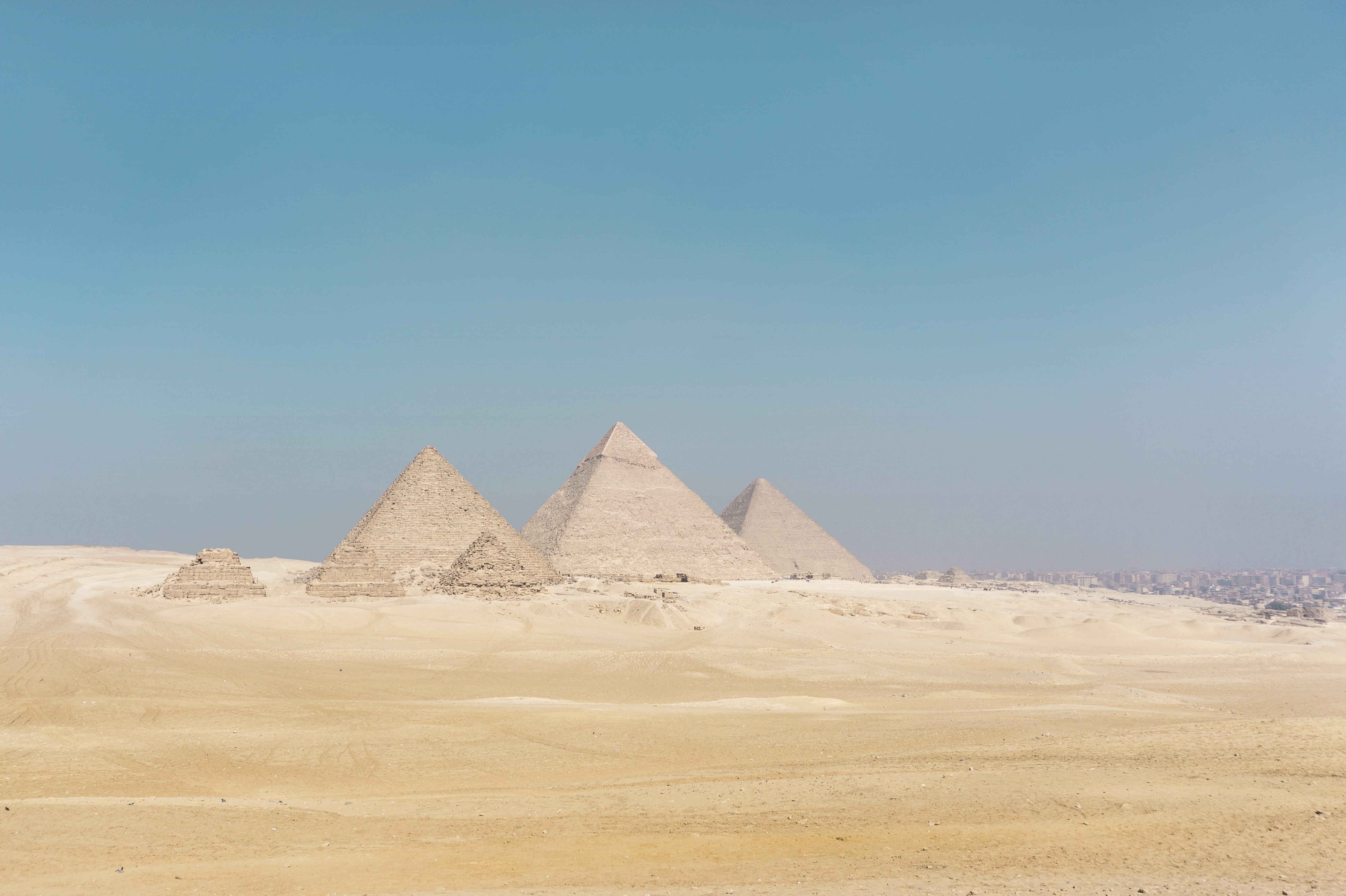 outdoors, desert, building, triangle shape, scenics - nature, blue sky, clear sky, world wonder, ancient civilization, daytime, three, horizon, travel, HD Wallpaper