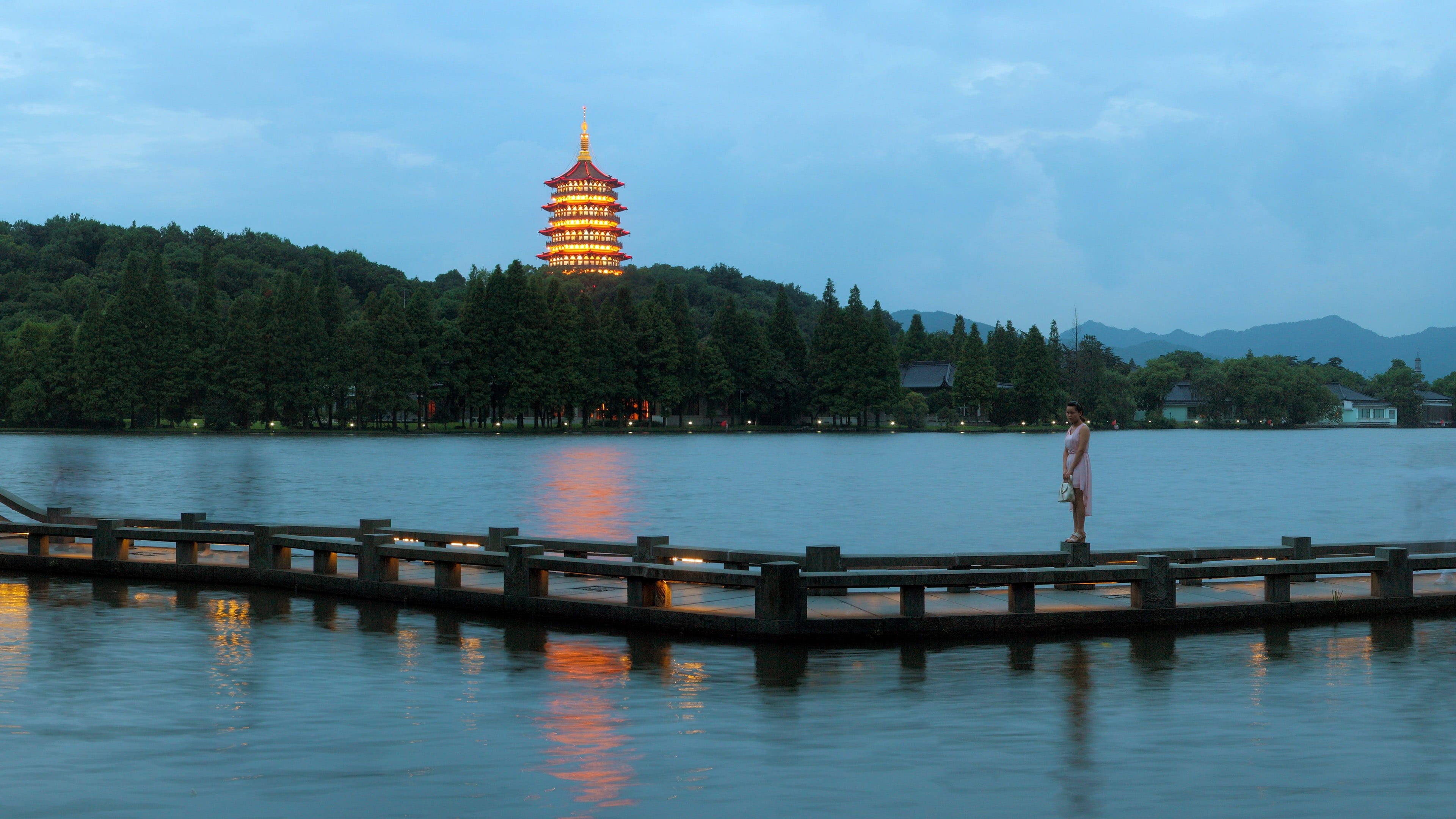 West Lake, plant, tree, built structure, west, scenics - nature, architecture, reflection, 4K, no people, beauty in nature, nature, leifeng pagoda lights, HD Wallpaper