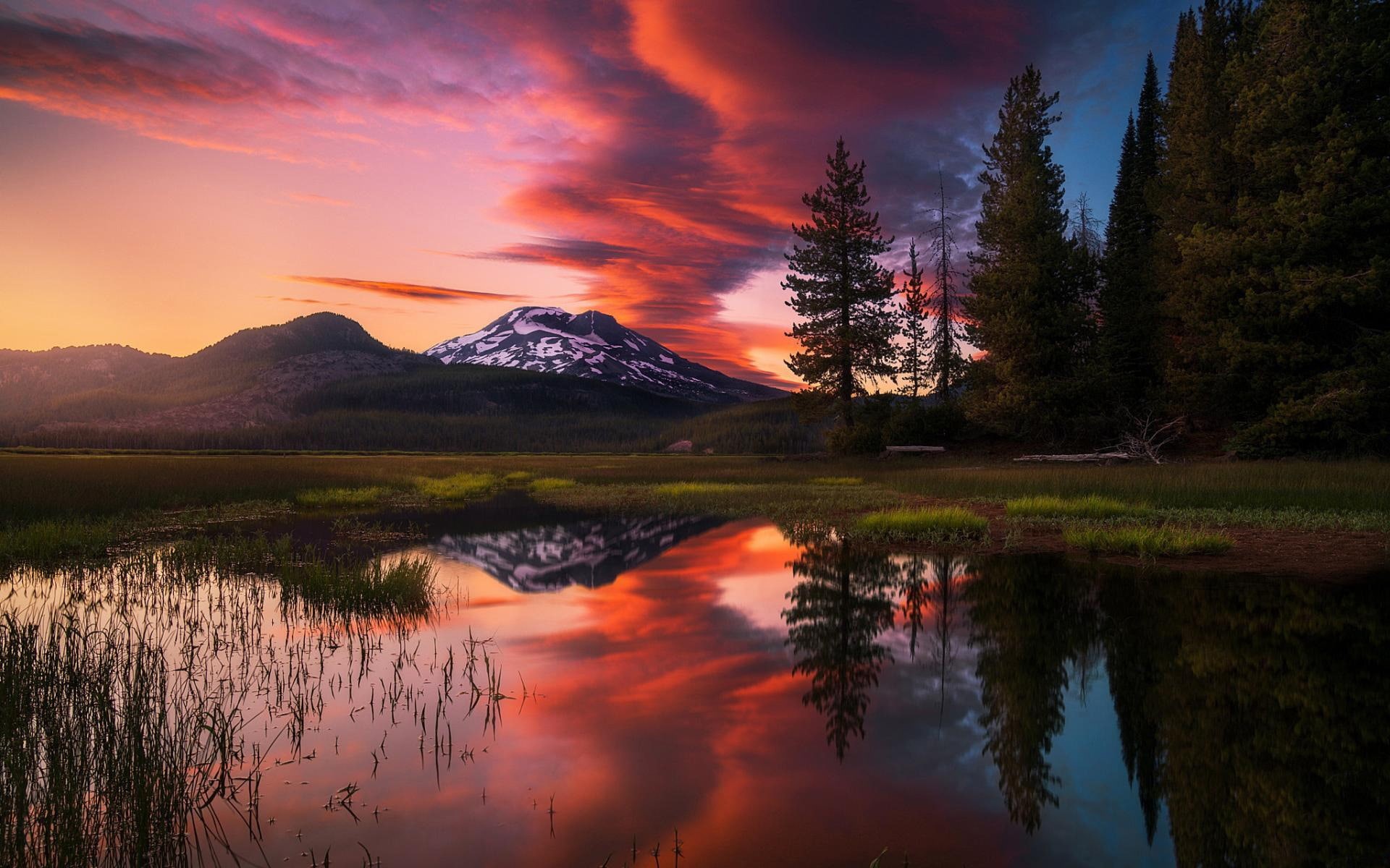 sky, sunset, tranquil scene, outdoors, 1080P, reflection, lake, no people, non-urban scene, beauty in nature, mountain, tranquility, tree, waterfront, HD Wallpaper