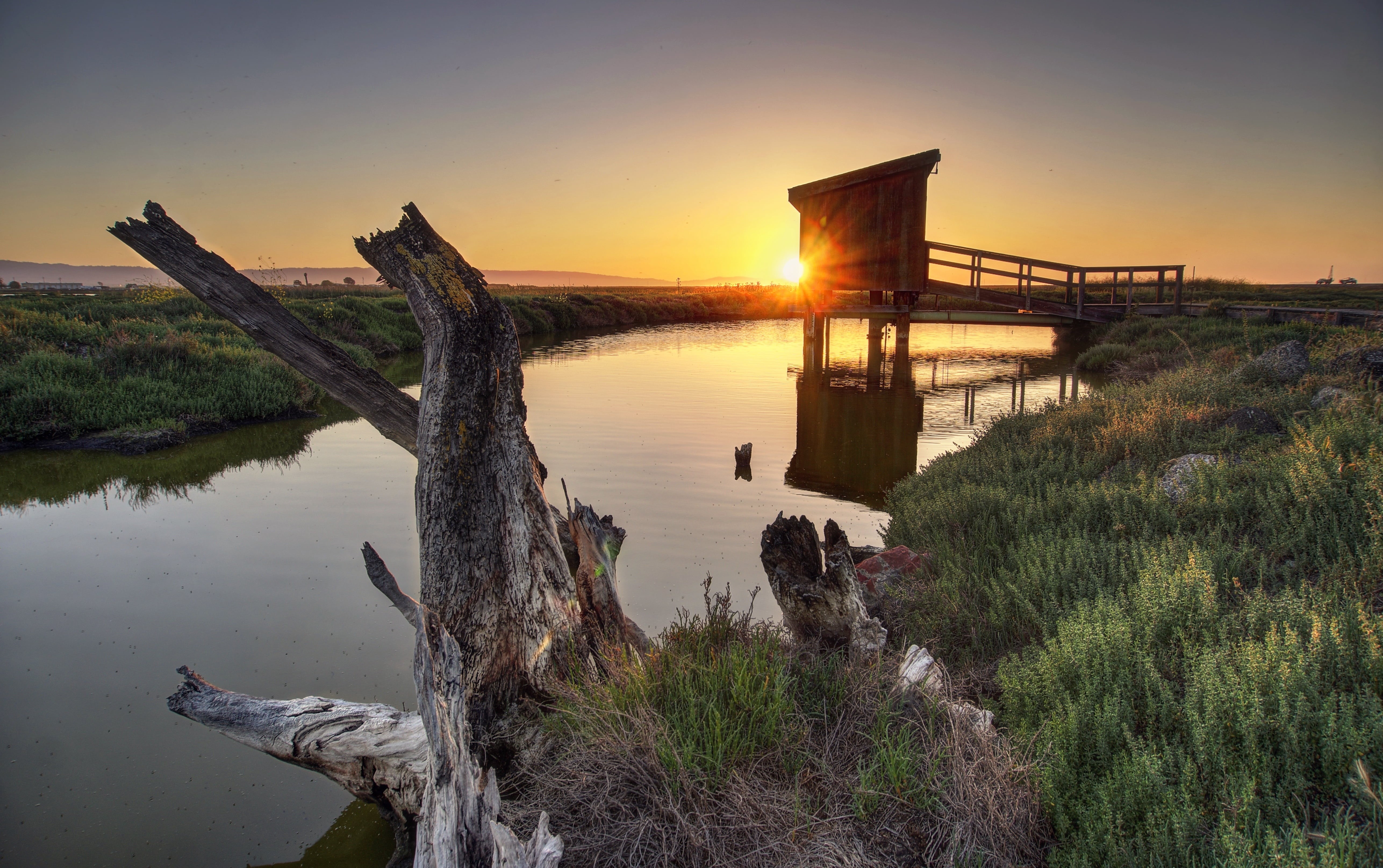 outdoor, shed, lake, sunset, Don Edwards San Francisco Bay National Wildlife Refuge, sun, NEX-6, nature, encounter, Photomatix, water, bridge - Man Made Structure, HD Wallpaper