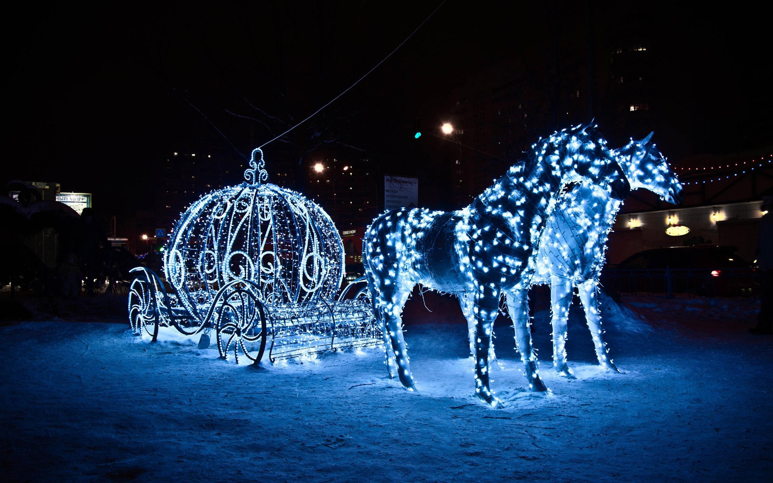 horses, 2560x1600, lights, carriage, horse, 2K, garland, winter, snow, wagon, photography, HD Wallpaper