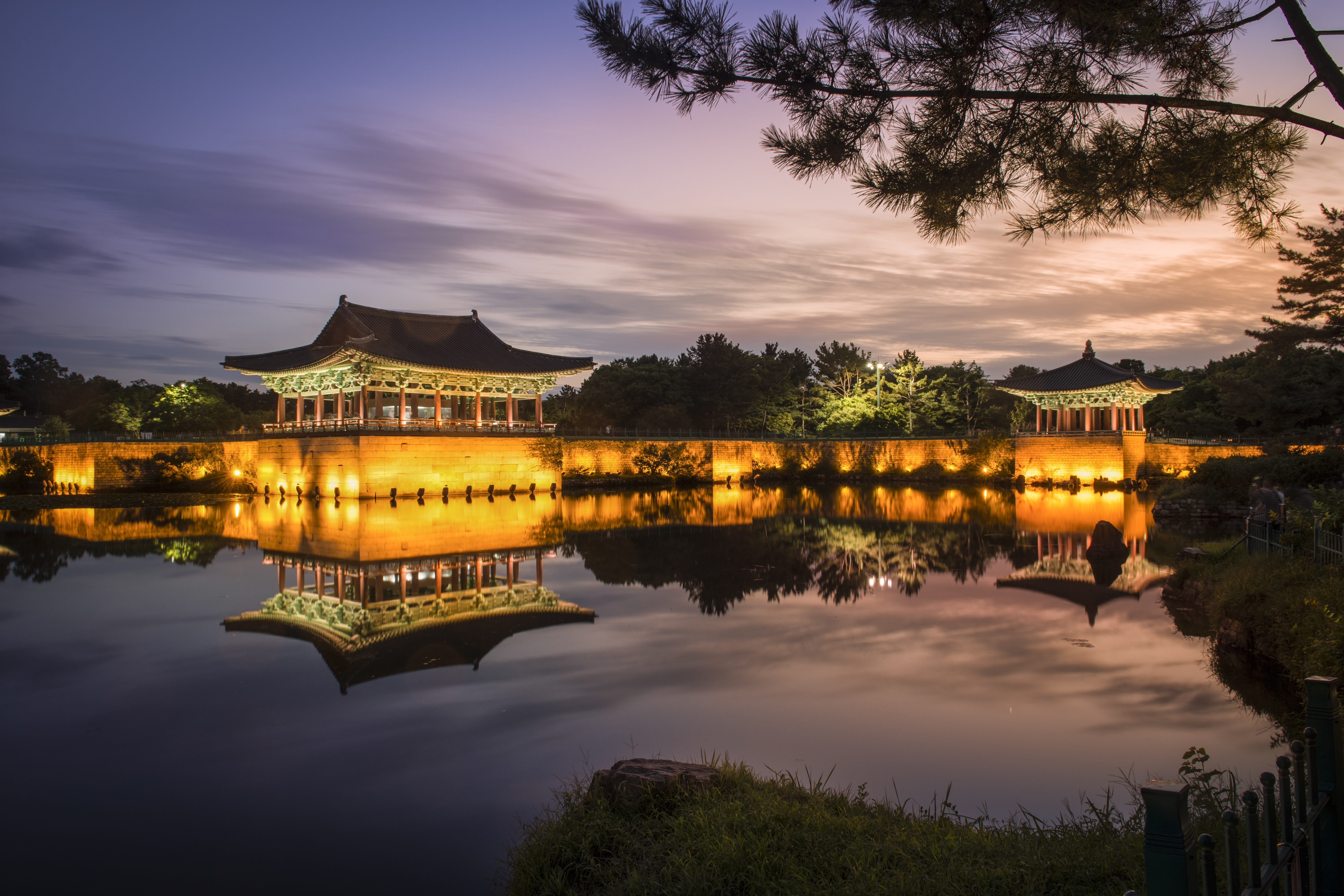 old palace, no people, 5K, lake, dusk, waterfront, plant, korea, gyeongju, building, historic site, built structure, nature, landscape, sunset, architecture, HD Wallpaper