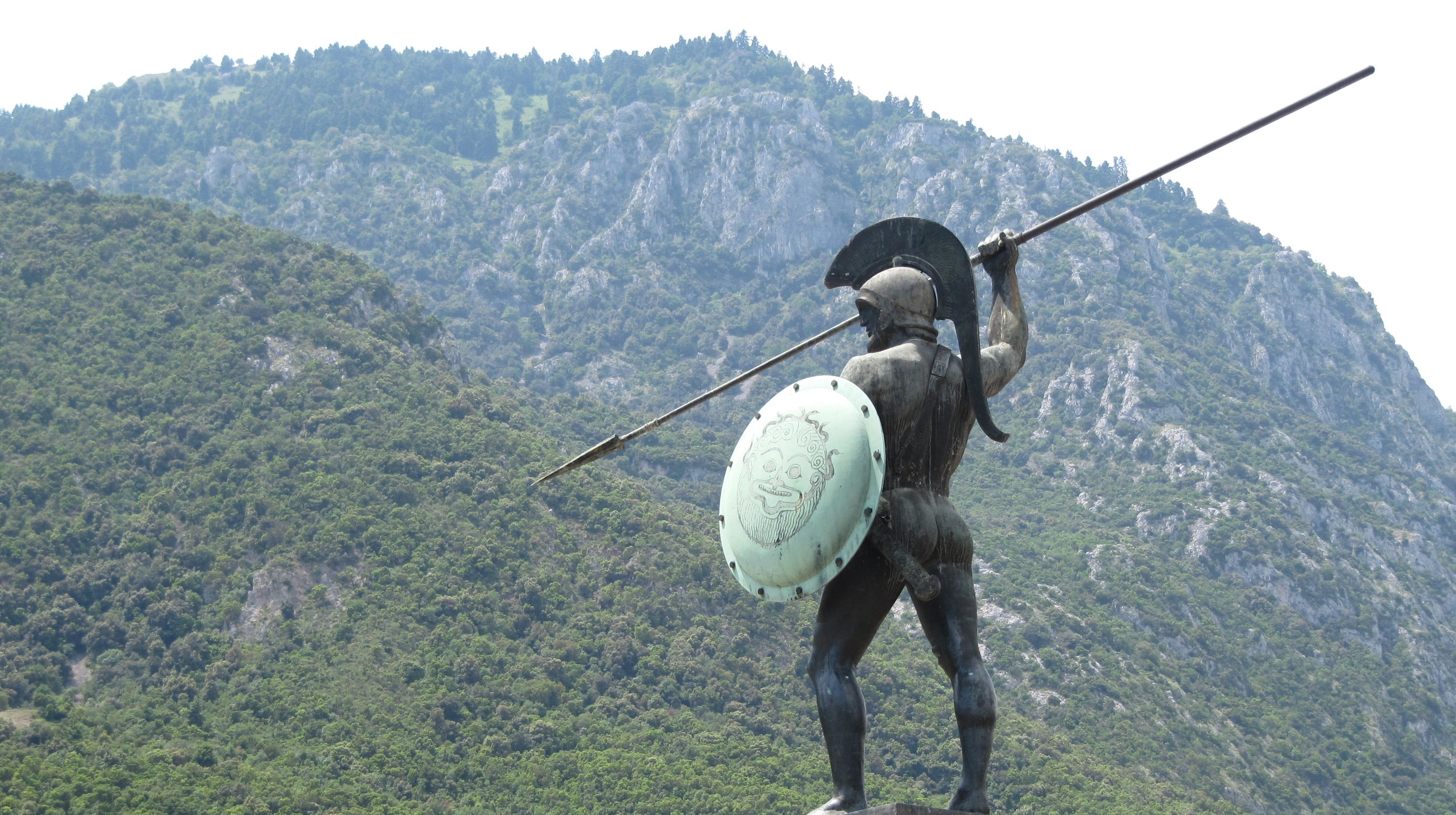 landscape, mountain, beauty in nature, activity, Thermopylae, holding, outdoors, soldier, plant, no people, tree, sky, 2K, shielf, statue, scenics - nature, HD Wallpaper