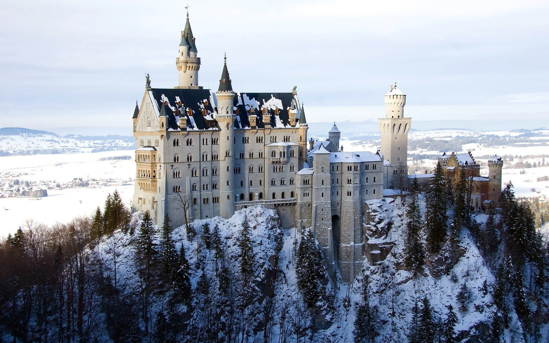 place of worship, Neuschwanstein Castle, outdoors, religion, stone, brown, nature, built structure, plant, cold temperature, winter, concrete, snow, spire, HD Wallpaper
