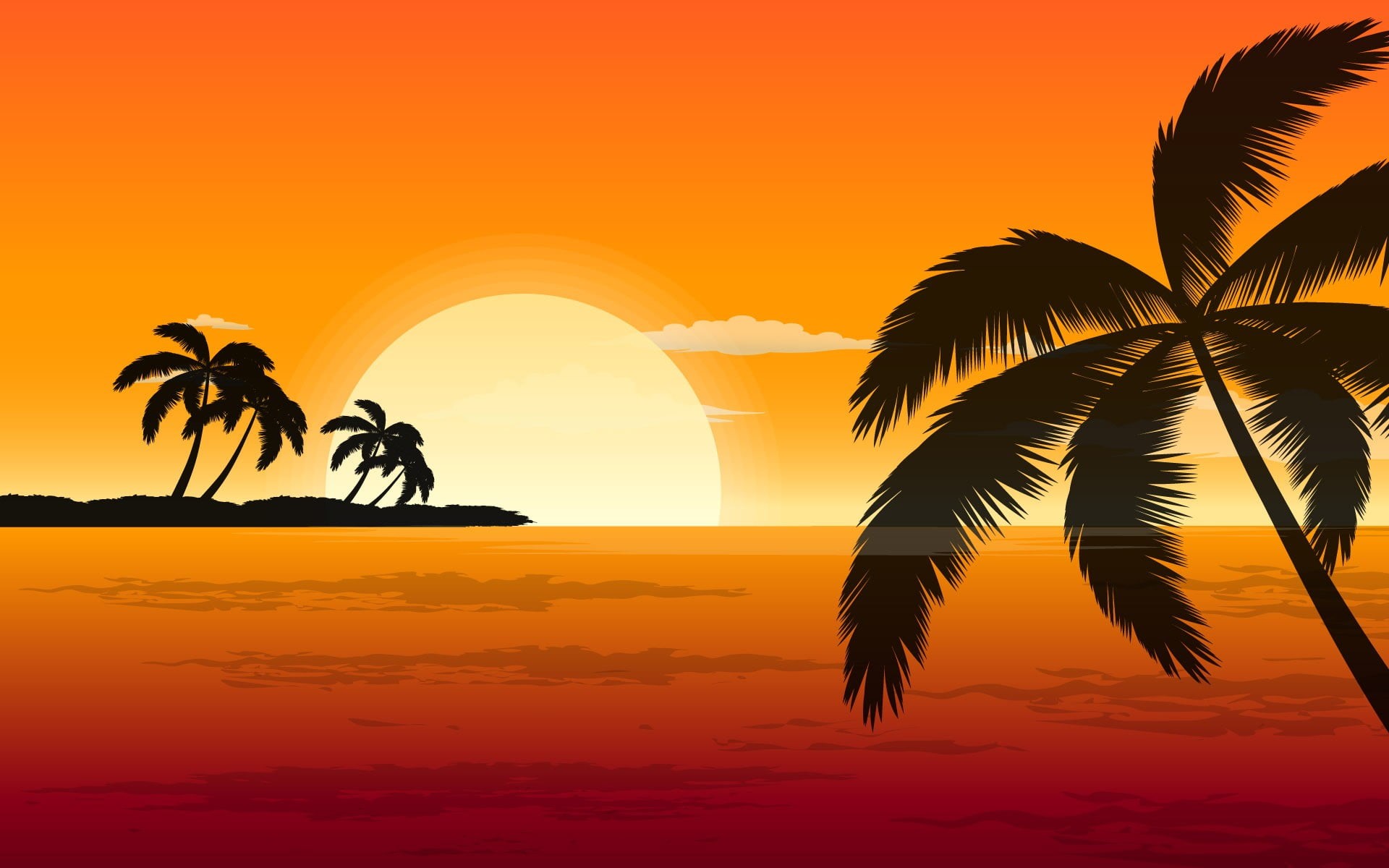 tranquility, orange color, 1080P, tree, palm leaf, coconut palm tree, scenics - nature, horizon, silhouette, playa, outdoors, palmeras, tranquil scene, HD Wallpaper