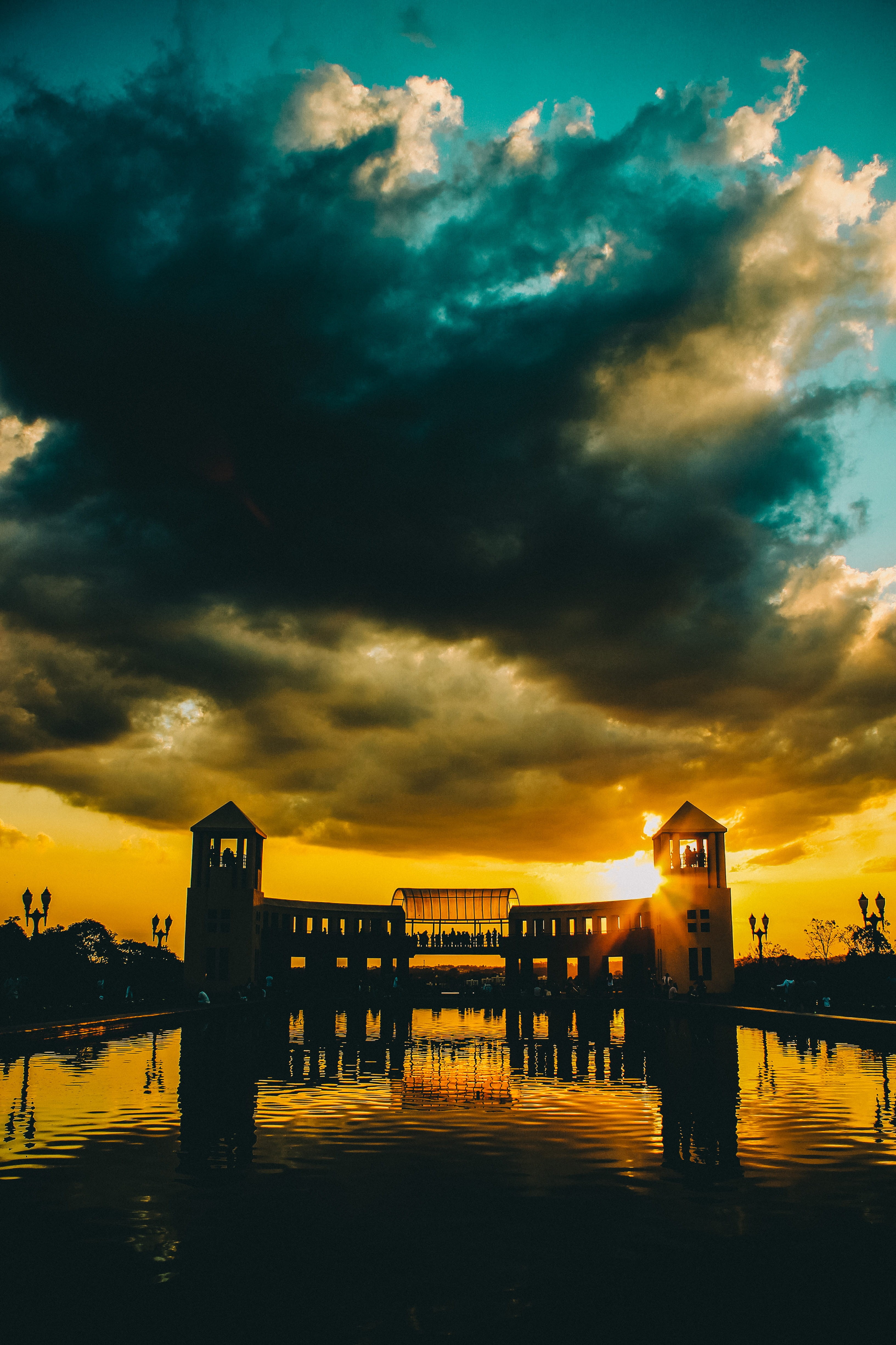 cloud - sky, nature, architectural column, orange, beauty in nature, por do sol, bridge, water, scenics - nature, brazil, sol, orange color, architecture, Phone HD Wallpaper