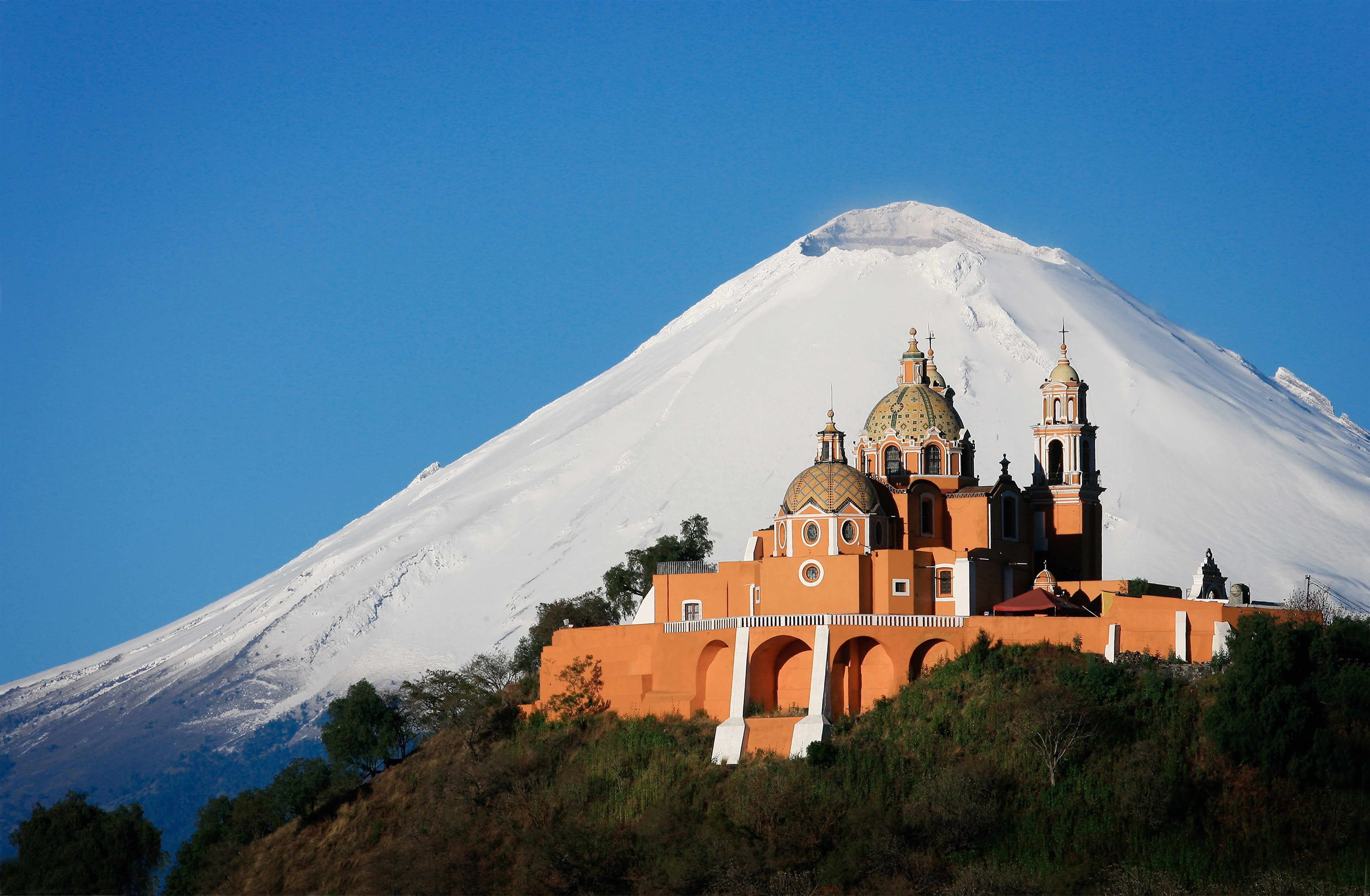 built structure, snowcapped mountain, spirituality, travel, volcano, belief, Pico de Orizaba, building exterior, clear sky, nature, mountains, religion, HD Wallpaper