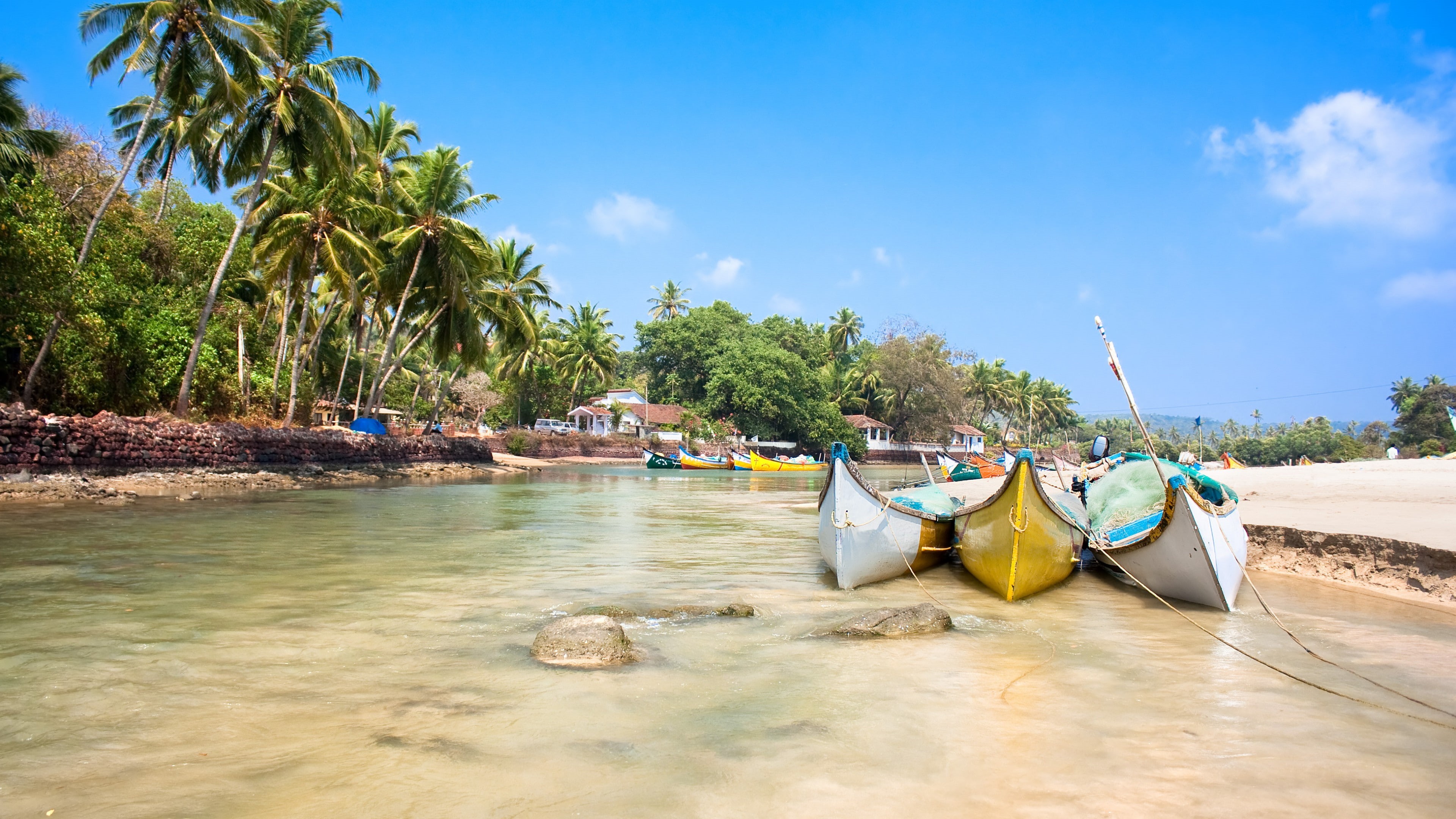 travel, tourism, palms, 5k, Indian ocean, Best Beaches in the World, India, boats, Goa, 4K, HD Wallpaper