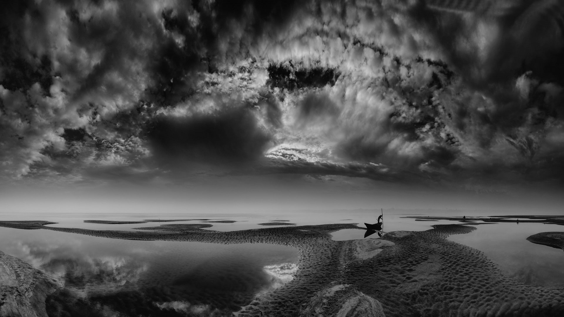 cloud - sky, environment, nature, idyllic, boat, clouds, tranquility, day, landscape, travel destinations, 1080P, non-urban scene, monochrome, scenics - nature, HD Wallpaper