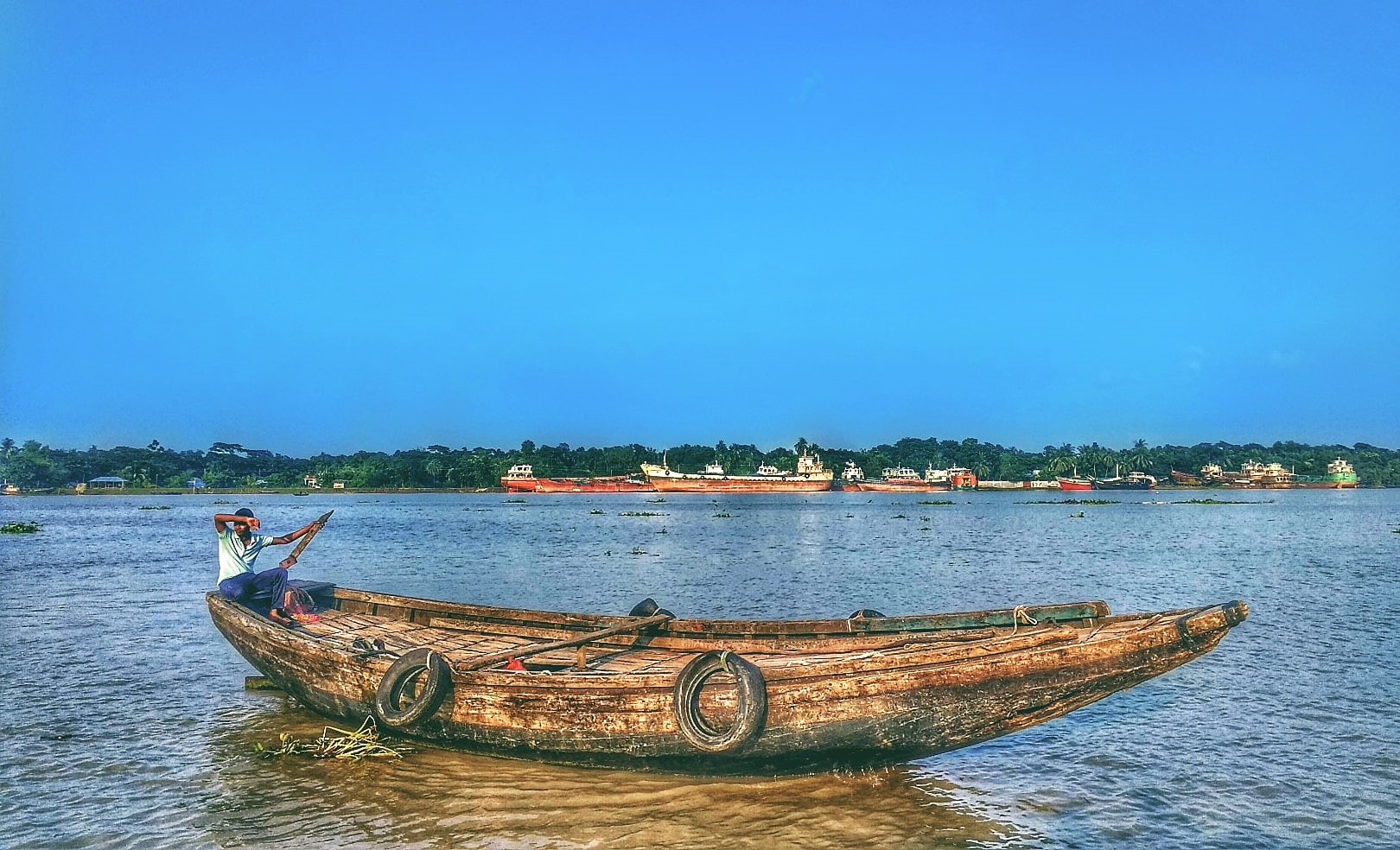 nautical vessel, blue, men, fishing boat, boat, river, transportation, river delta, nature, mode of transportation, day, sky, clear sky, Bangladesh, tree, HD Wallpaper